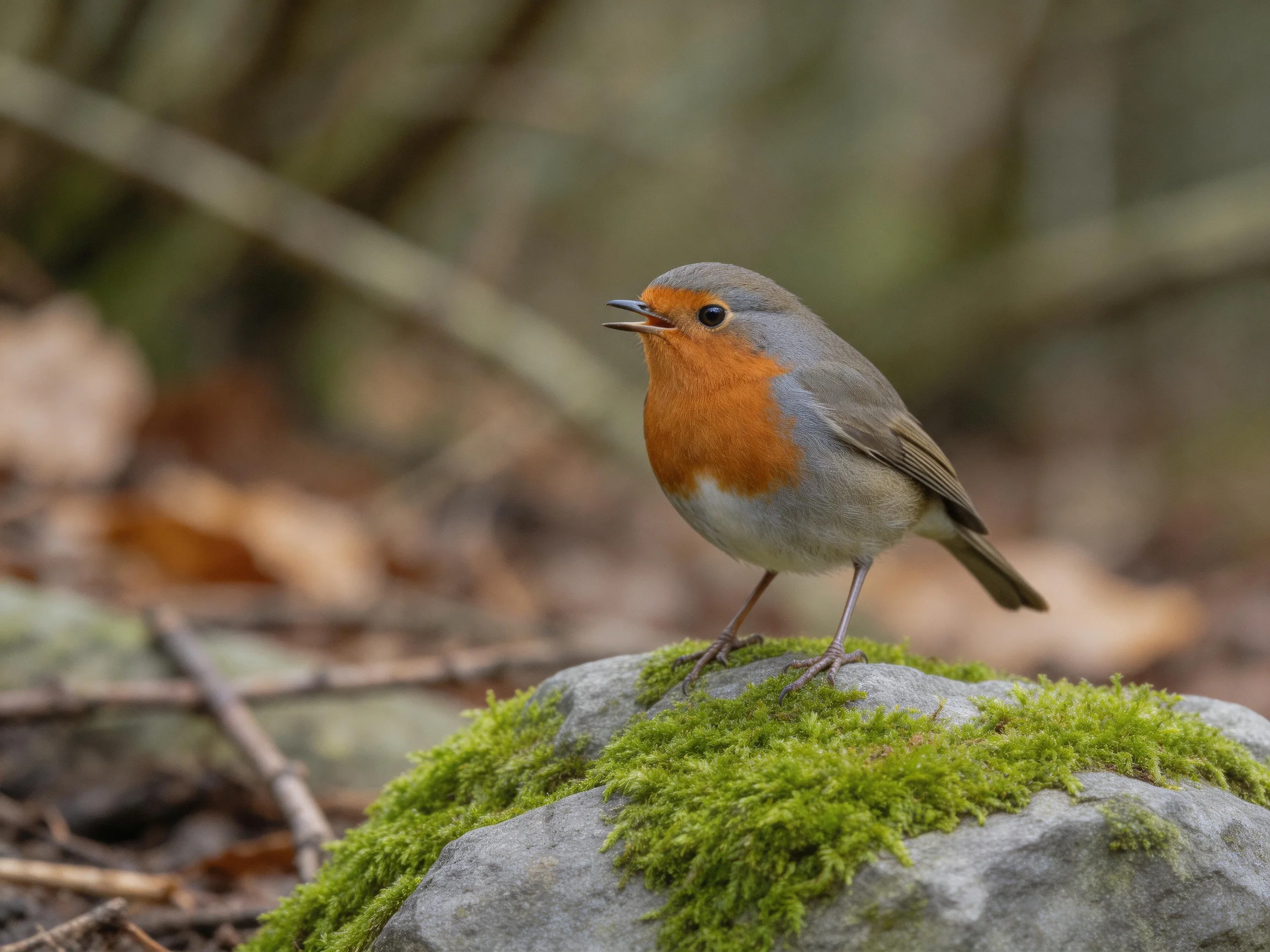 A small robin perched on a moss-covered stone near blurred foliage