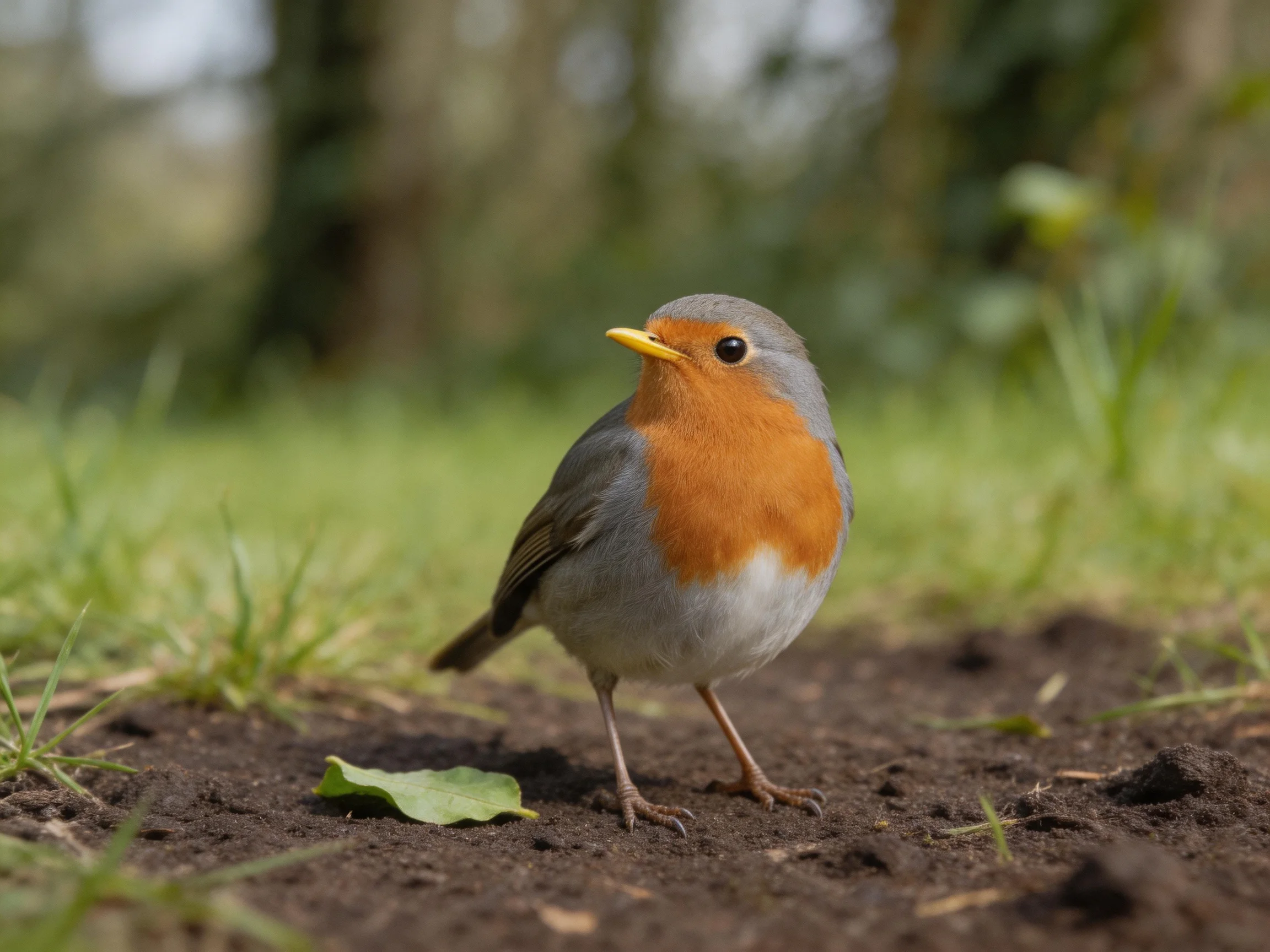 A small robin with orange chest stands on dark soil near green grass