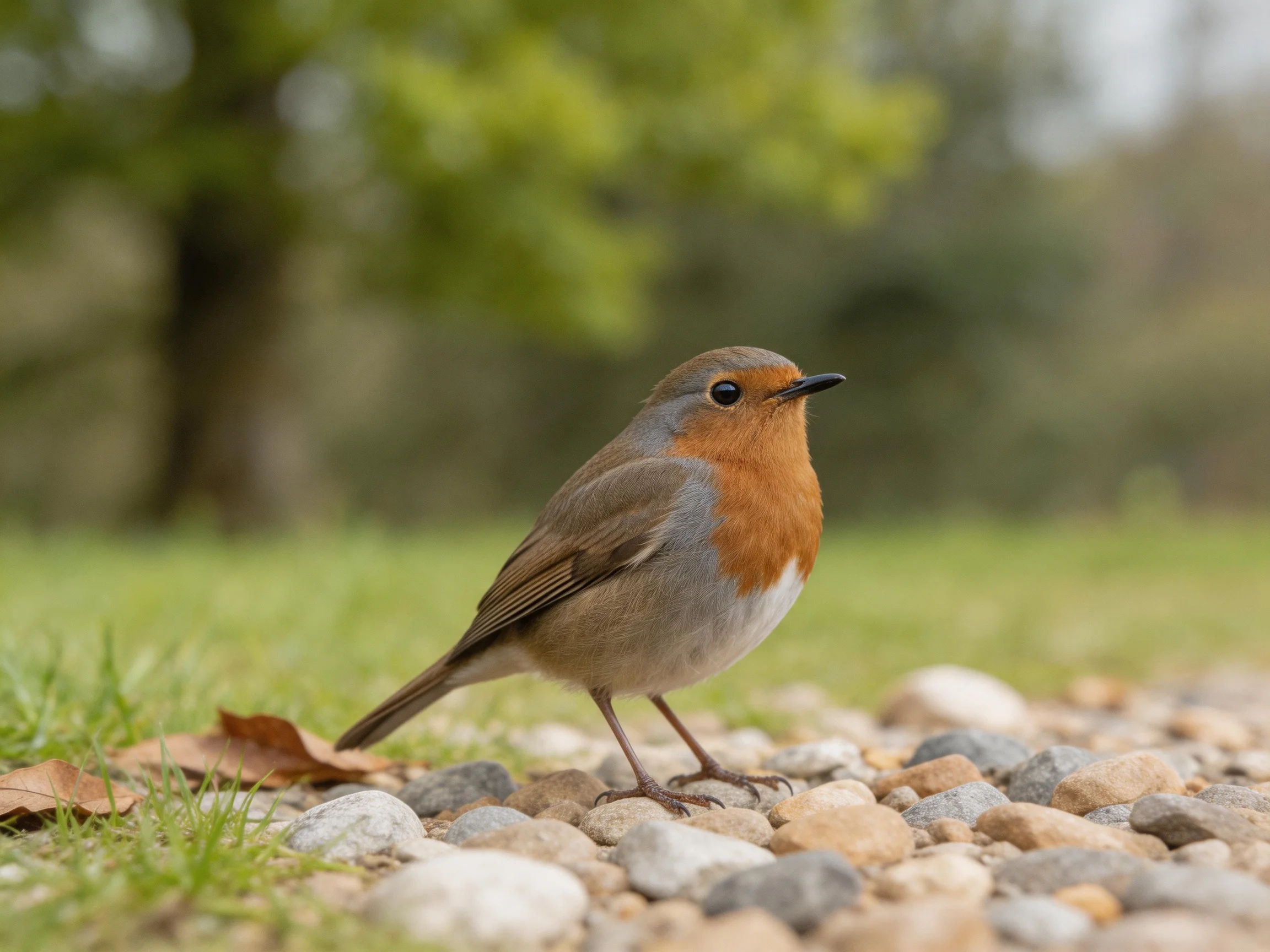 A small robin with rust-orange breast perched on multicolored pebbles