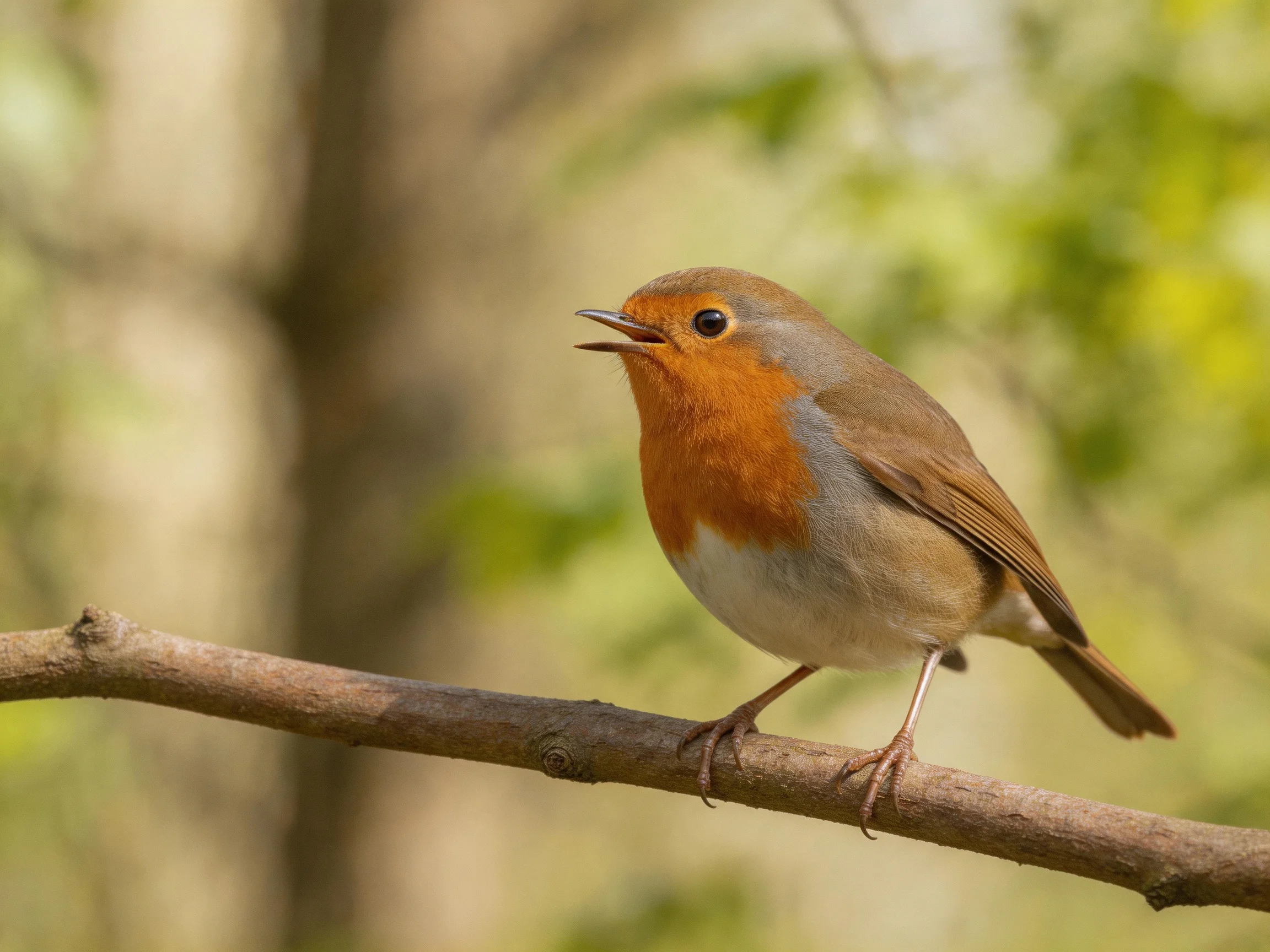 A small robin with vibrant orange chest perched on a branch