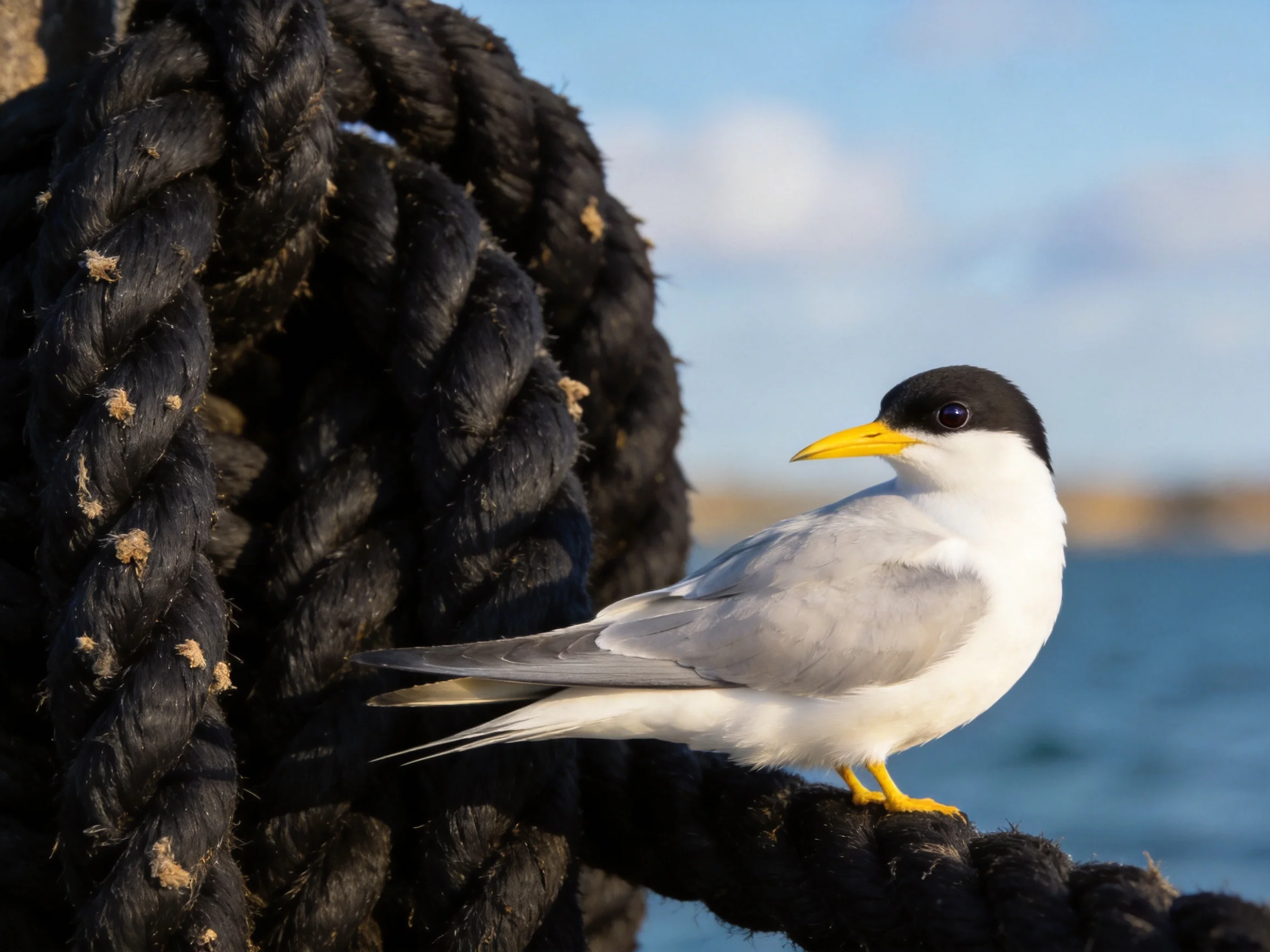 A small seabird perches on thick black ropes beside calm blue water