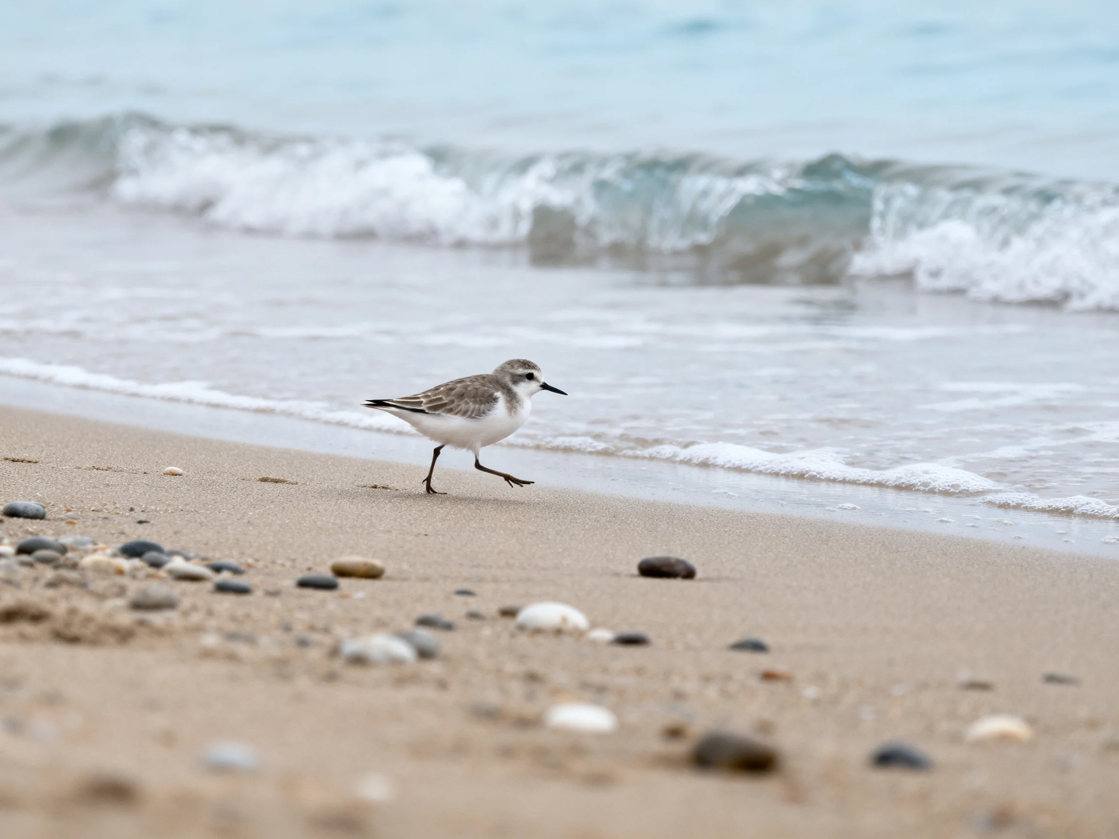 A small shorebird moves on a pebbly sandy beach beside rolling ocean waves