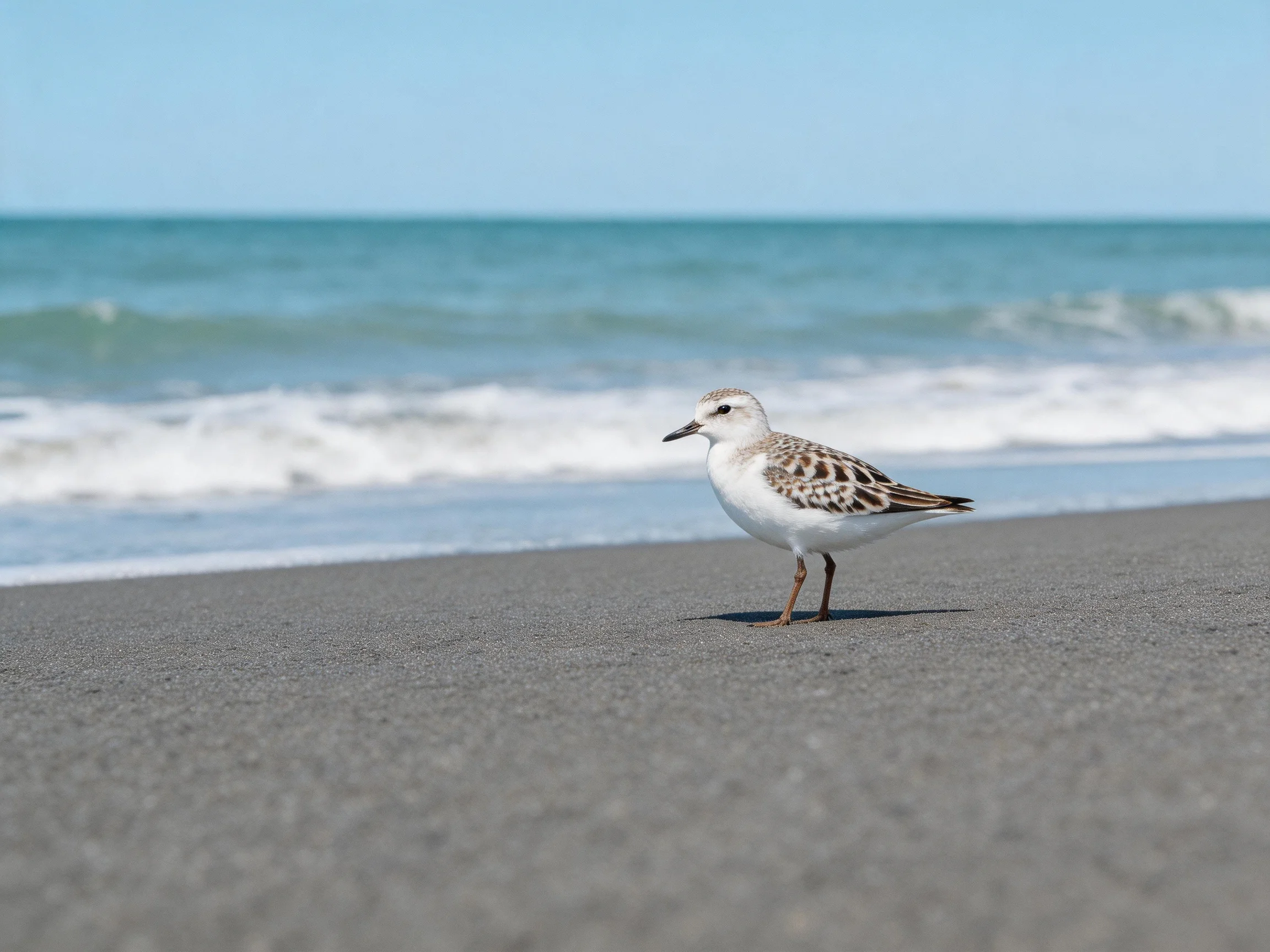 A small shorebird on smooth gray sand by turquoise ocean waves