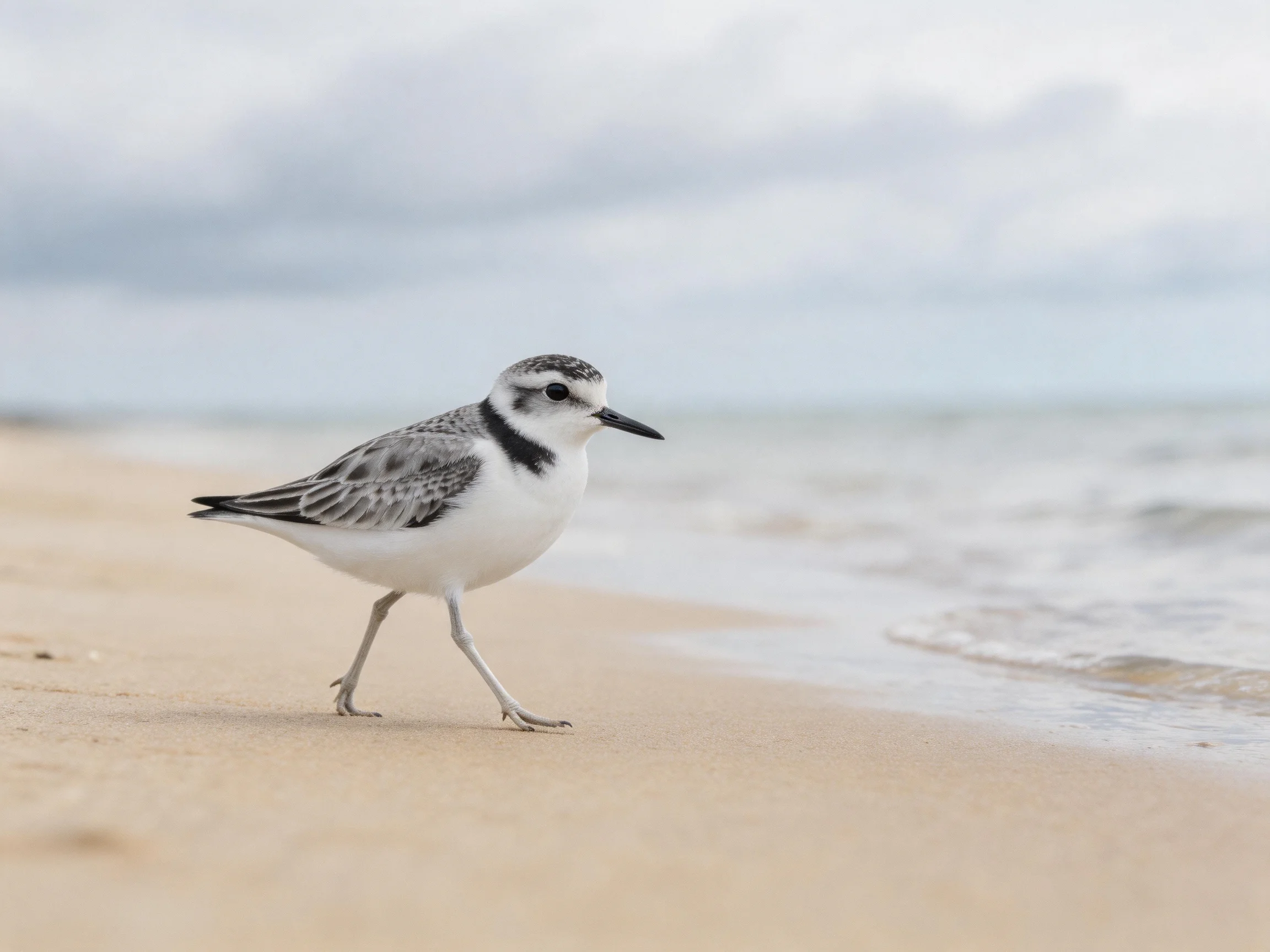 A small shorebird with black and white plumage walks along a sandy beach shoreline