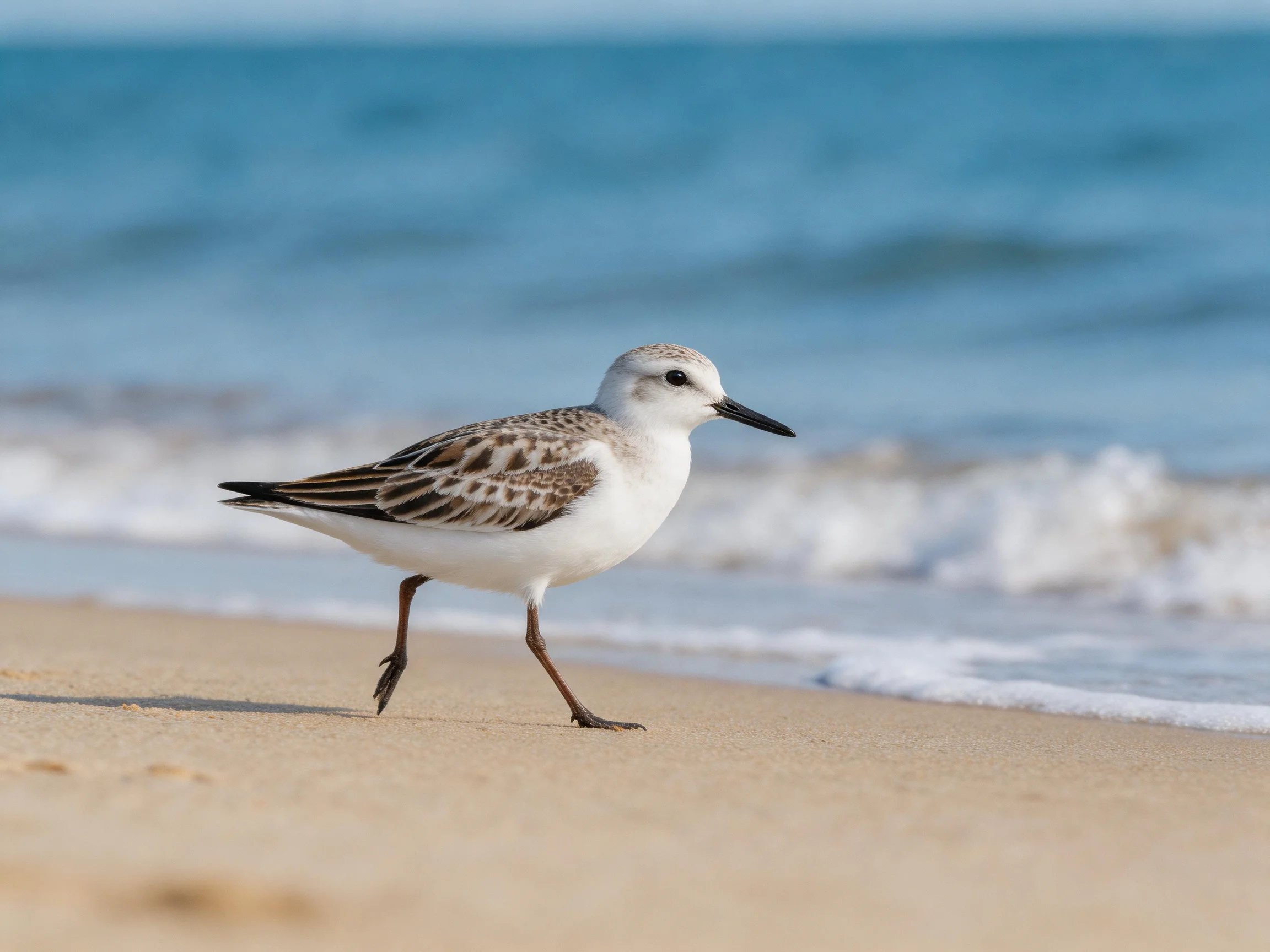 A small shorebird with speckled wings walks along a sandy beach by blue ocean