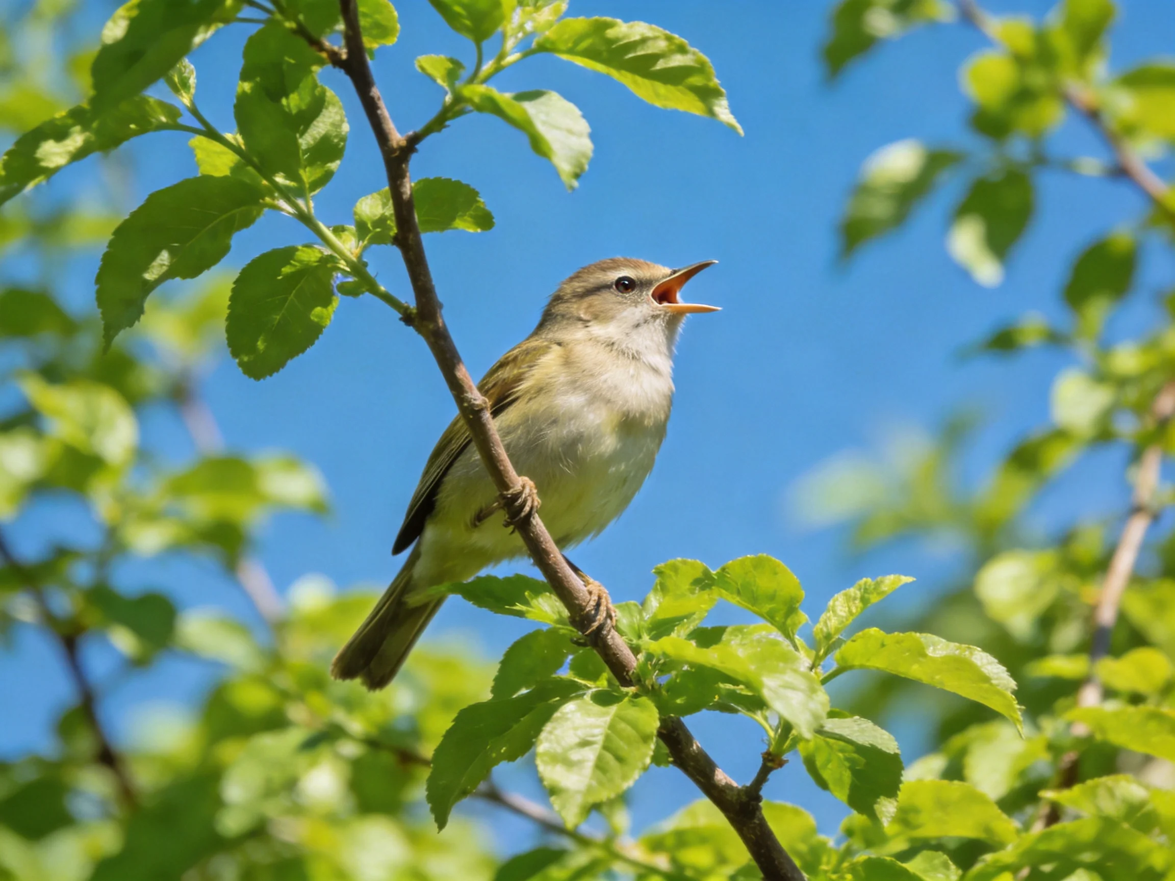 A small songbird perched on a leafy branch with open beak