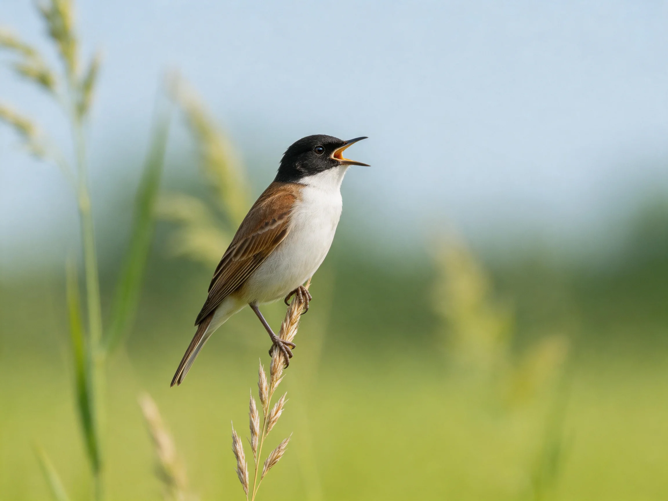 A small songbird with black cap, brown wings, singing on a grass stem