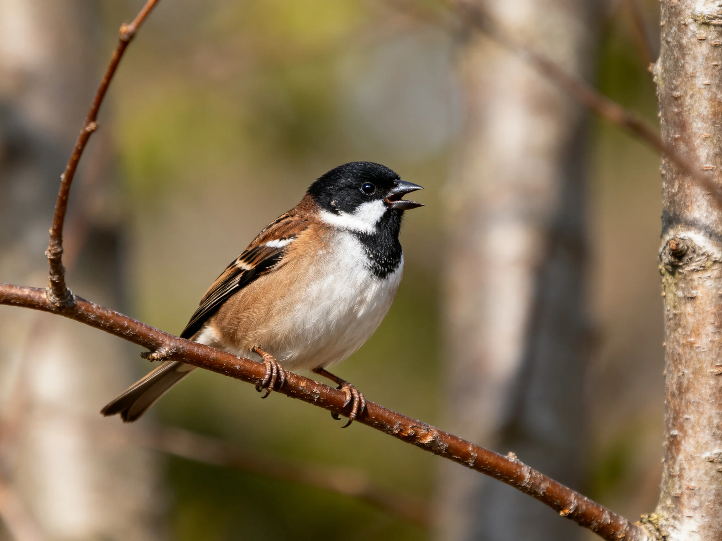A small songbird with black, white, and brown plumage perched on a thin tree branch