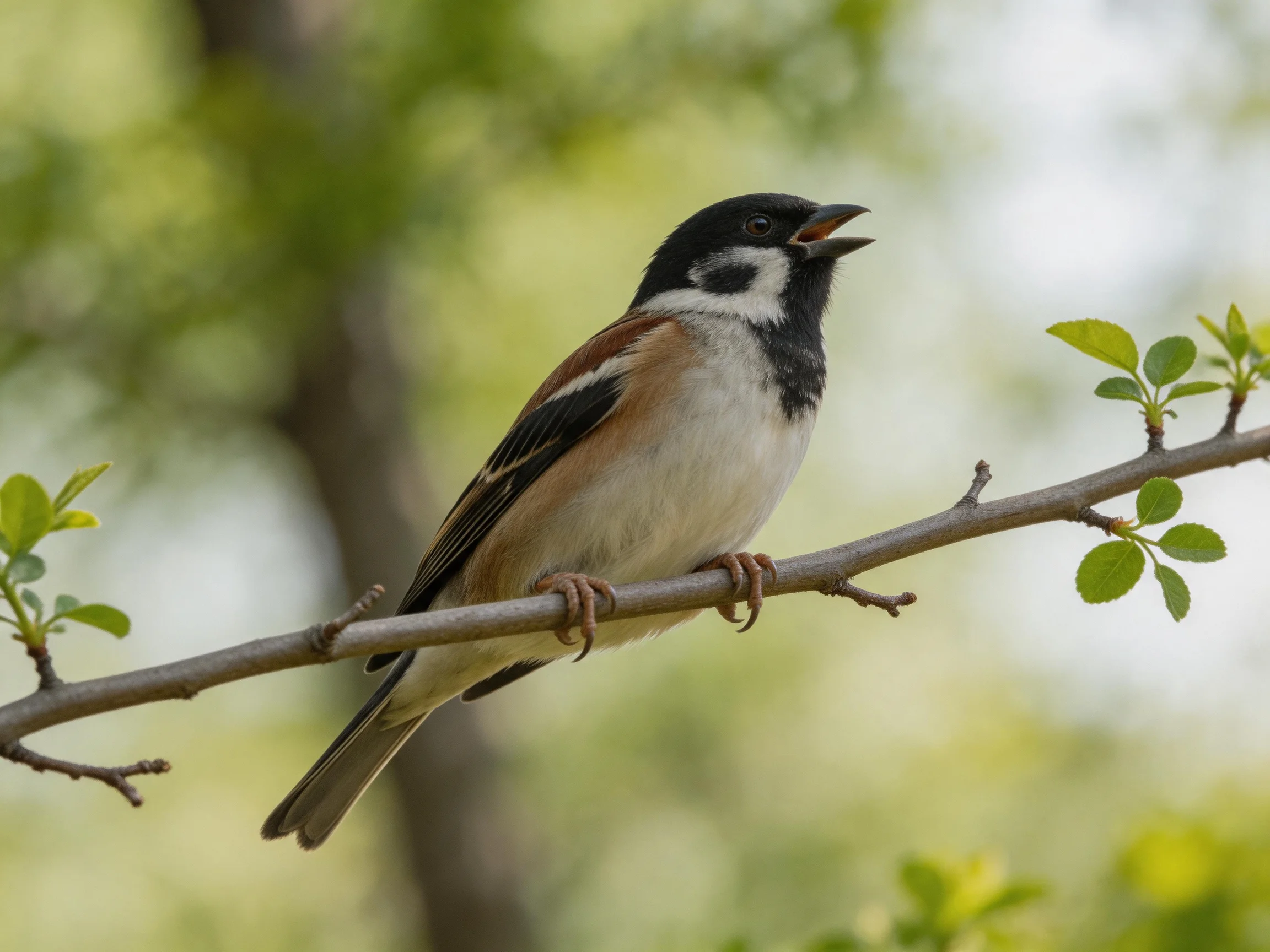 A small songbird with black, white, and brown plumage perched on a tree branch