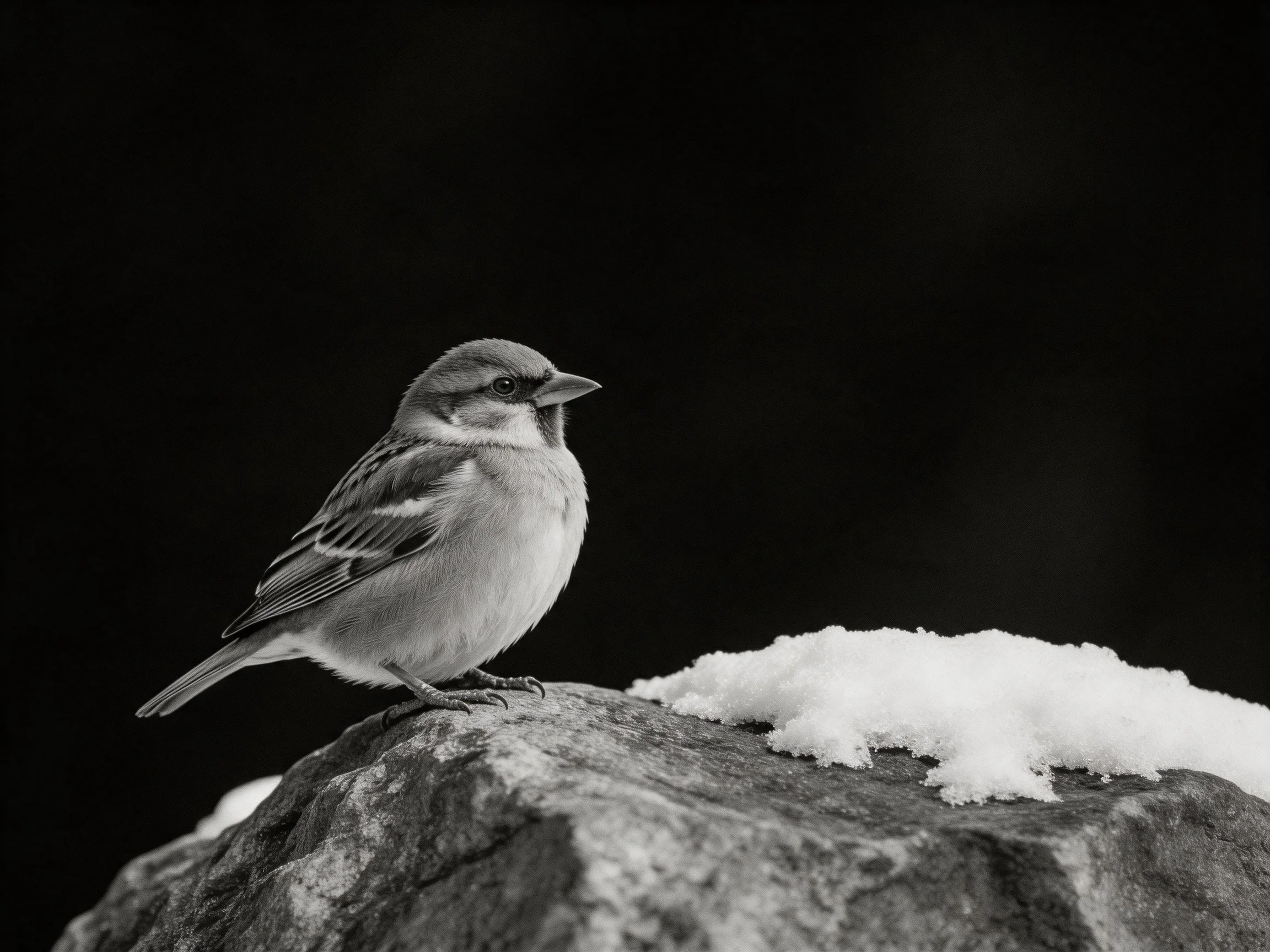 A small sparrow perches on a snow-dusted rock with a dark backdrop