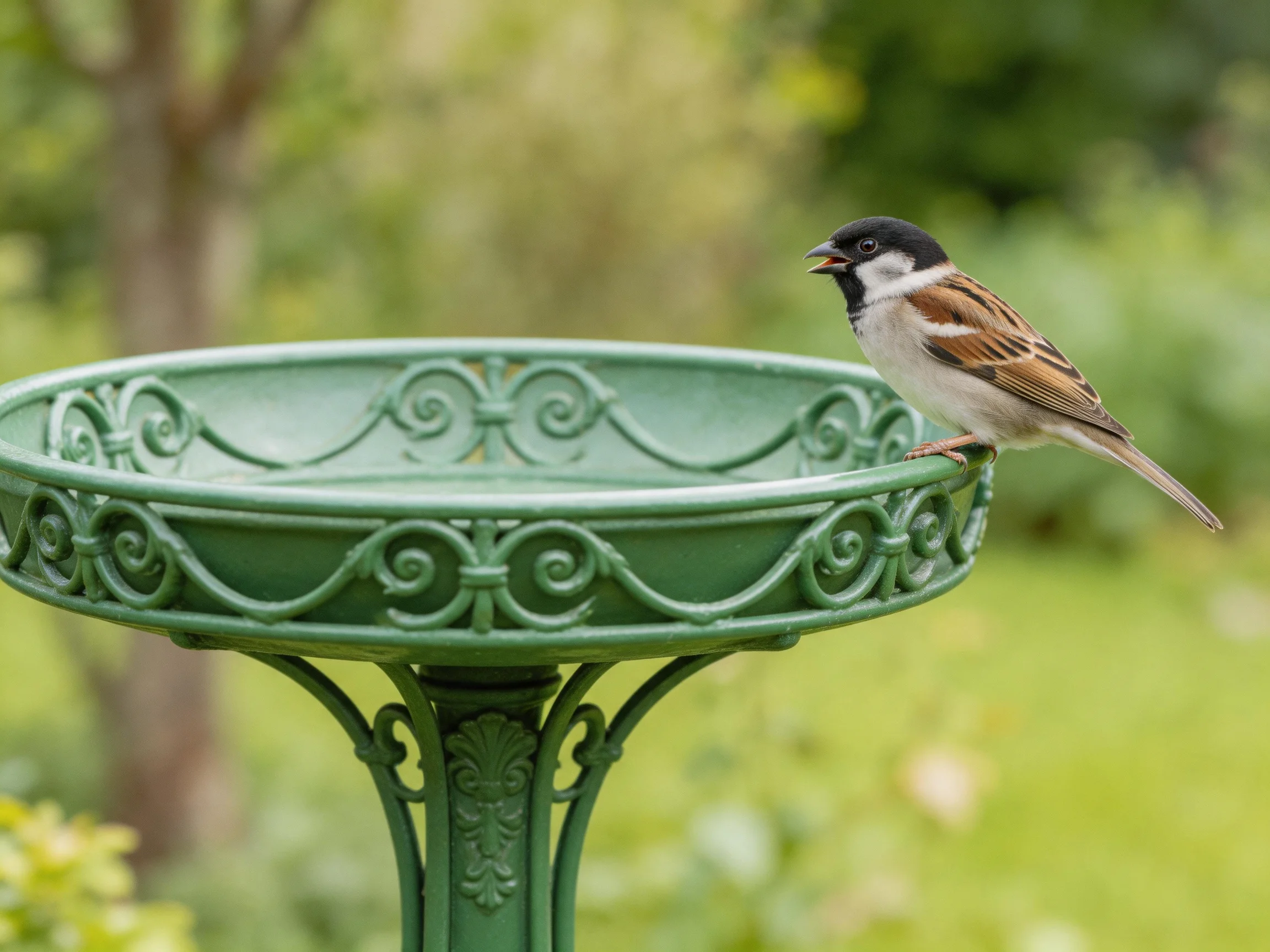 A small sparrow perches on an ornate green bird bath