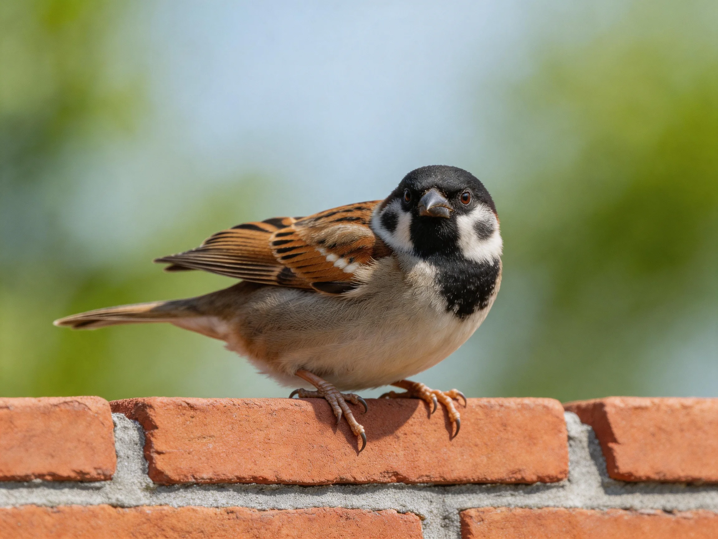 A small sparrow with black and brown plumage perched on a reddish brick wall
