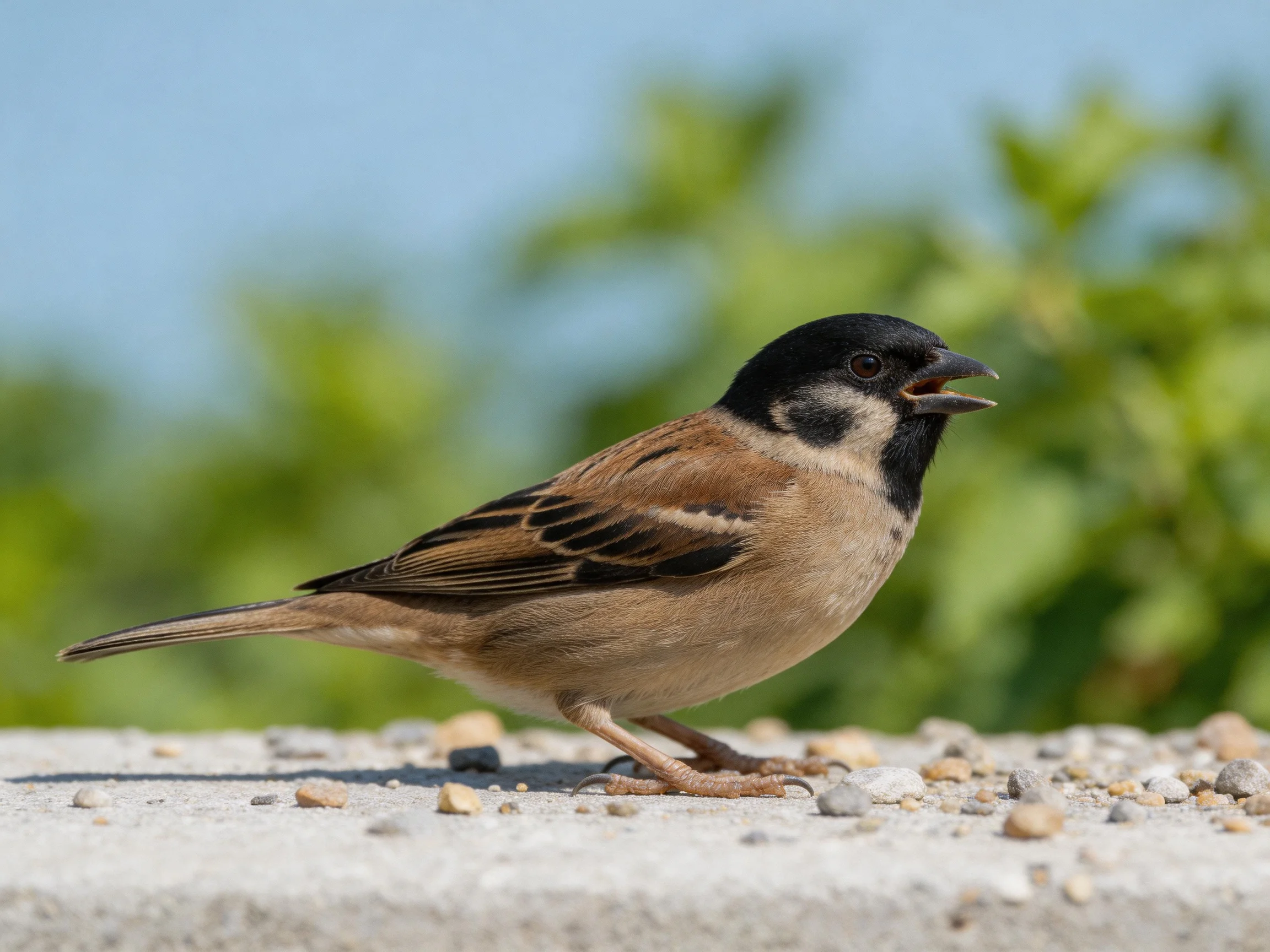 A small sparrow with black head and brown plumage stands on pebbles.