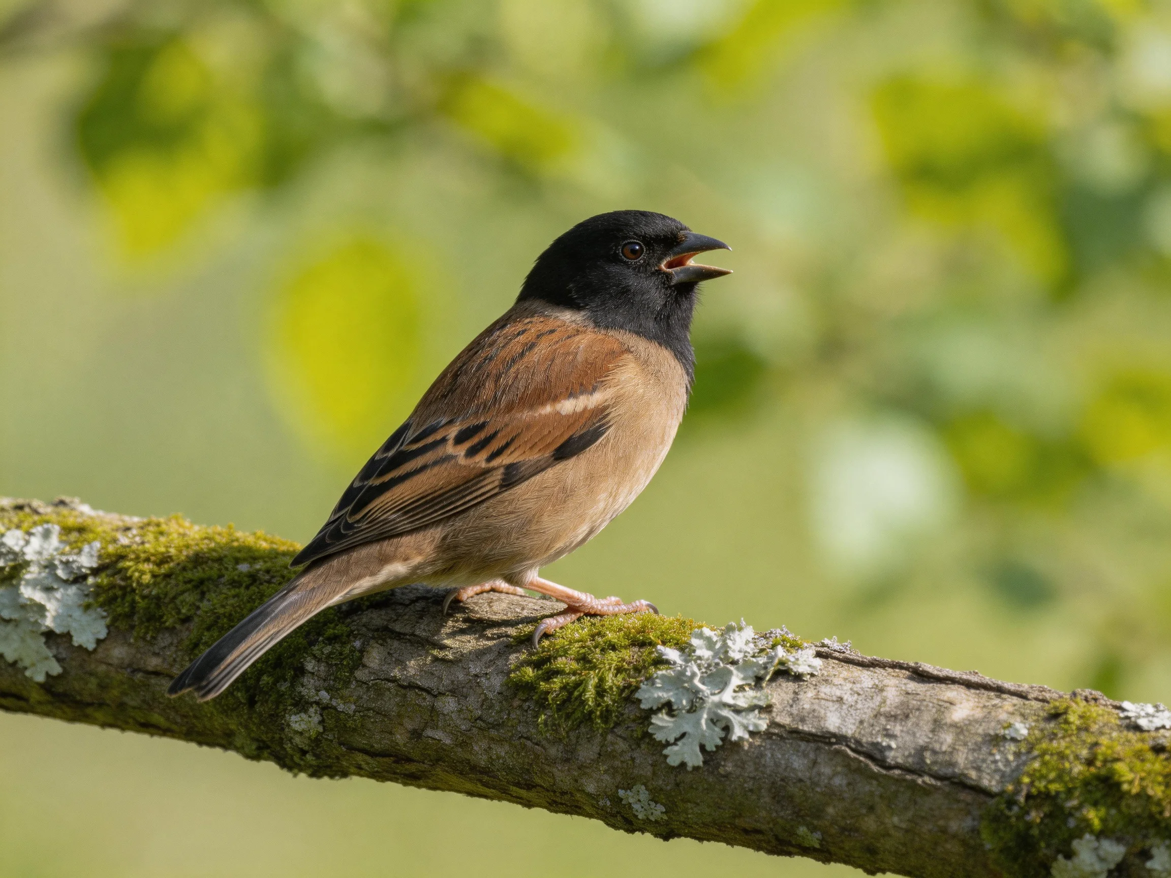 A small sparrow with black head and brown wings perches on a mossy branch