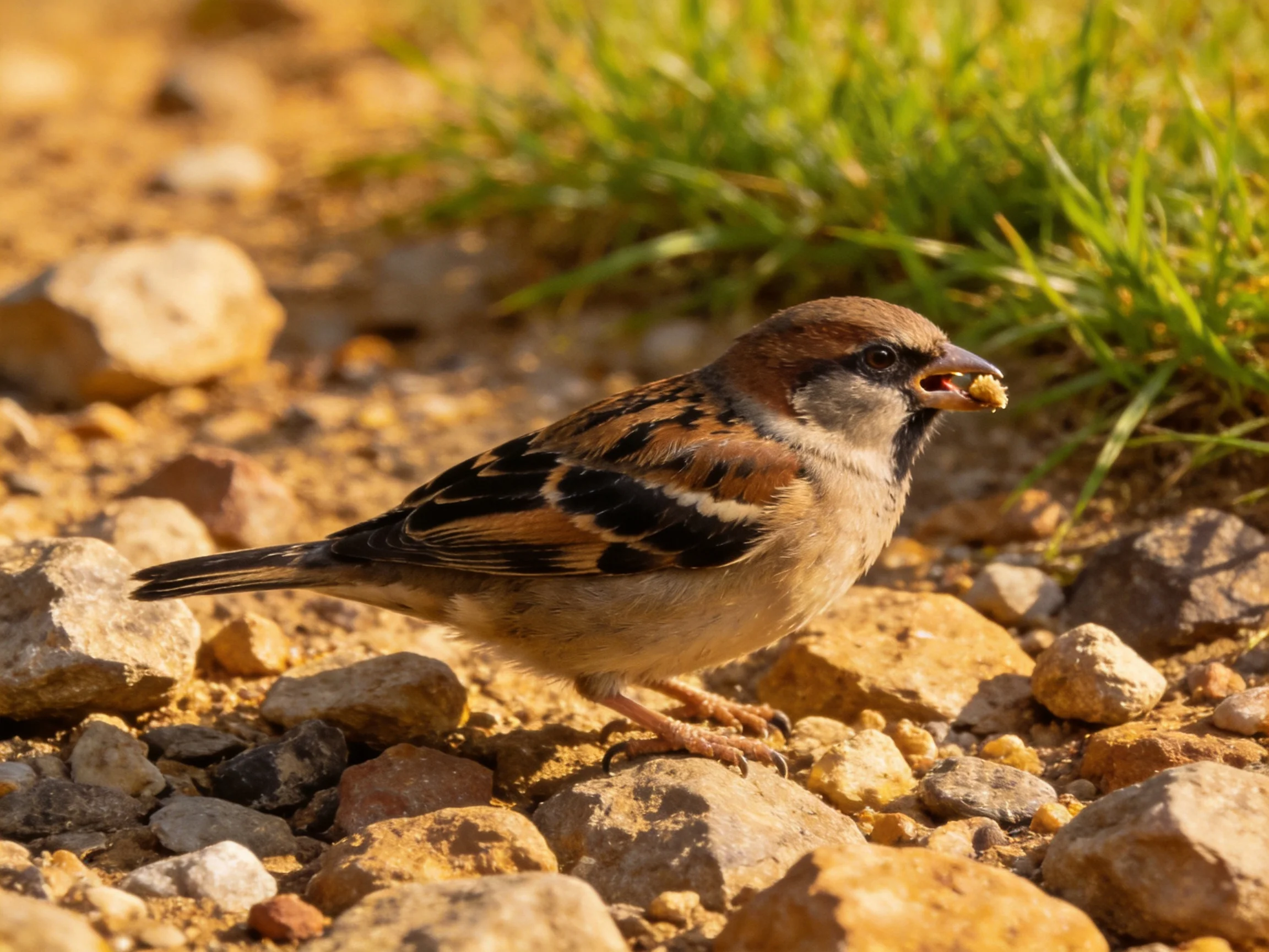 A small sparrow with brown and black plumage on rocky terrain