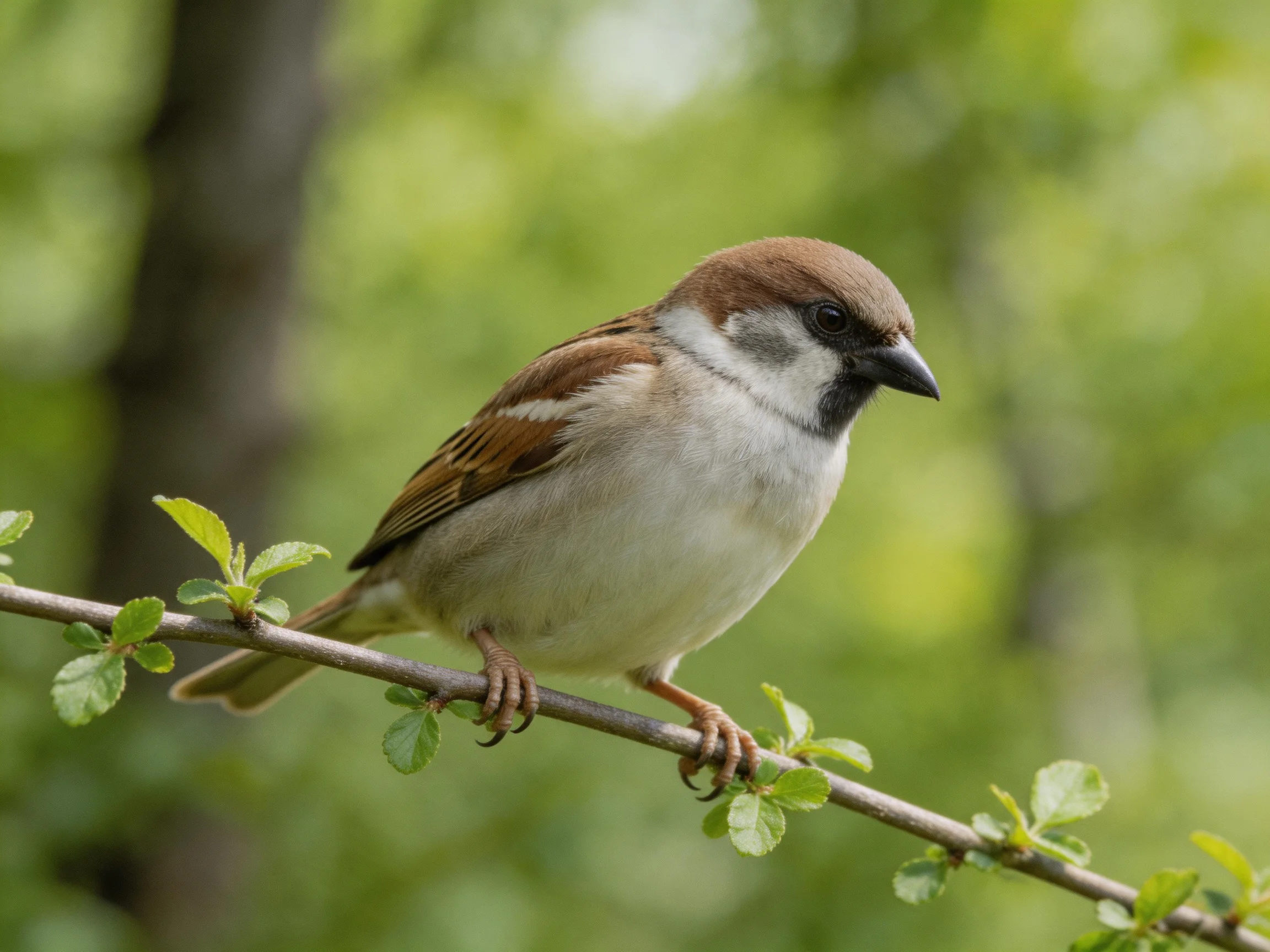 A small sparrow with brown and gray plumage perched on a leafy branch