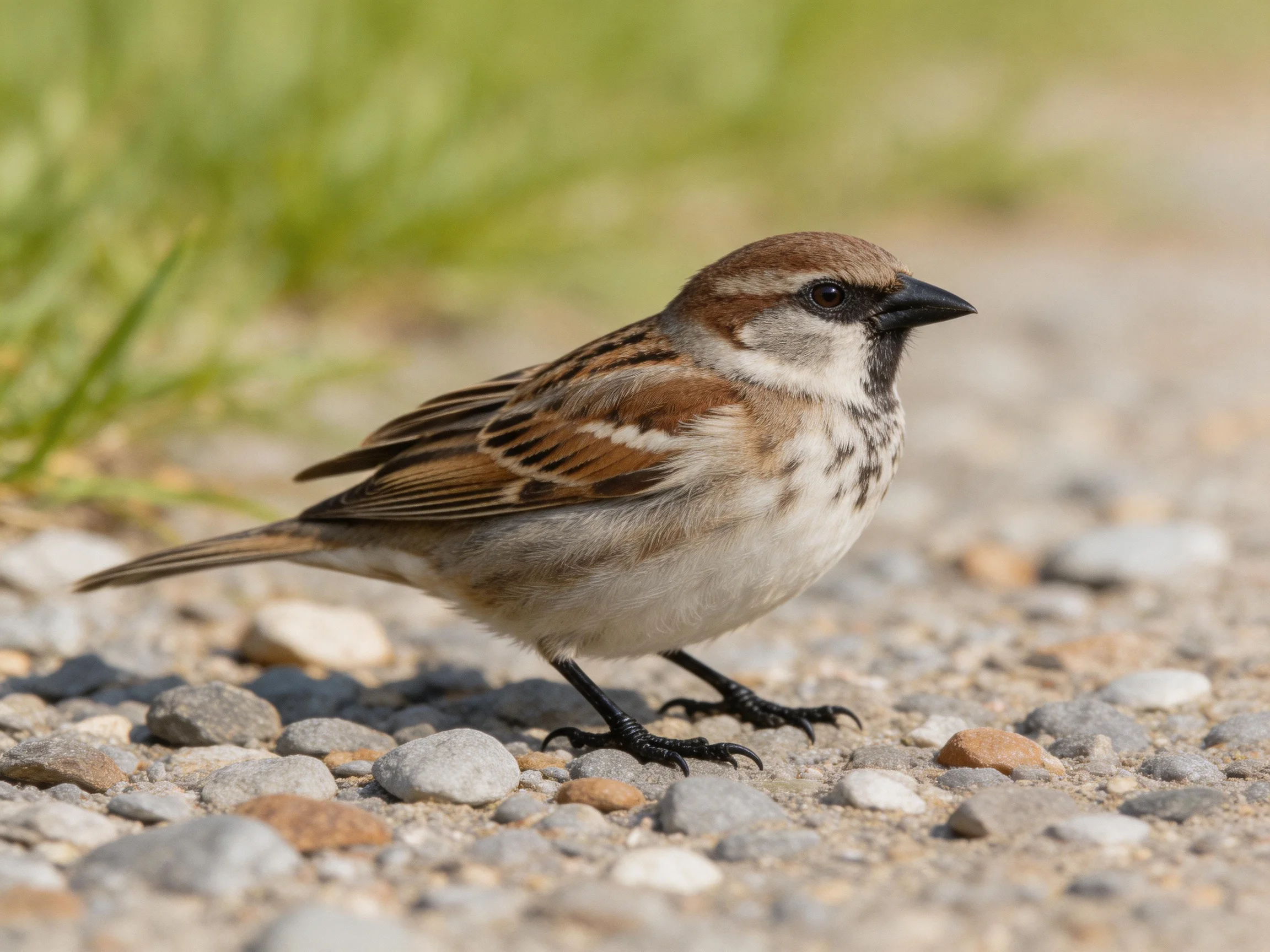 A small sparrow with brown and white plumage on gravel near grass