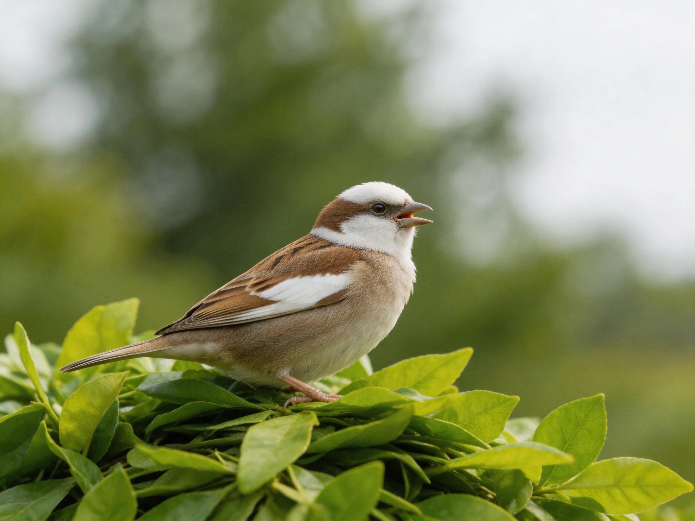 A small sparrow with brown and white plumage perched on lush green foliage