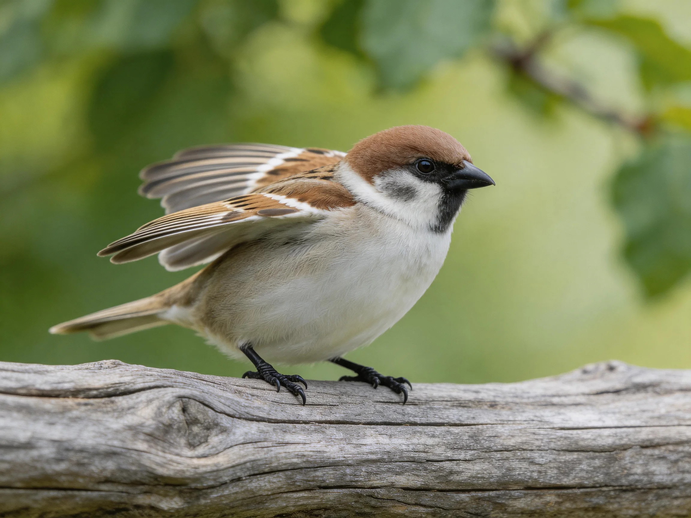 A small sparrow with brown cap, white chest, and black markings perched on aged wood