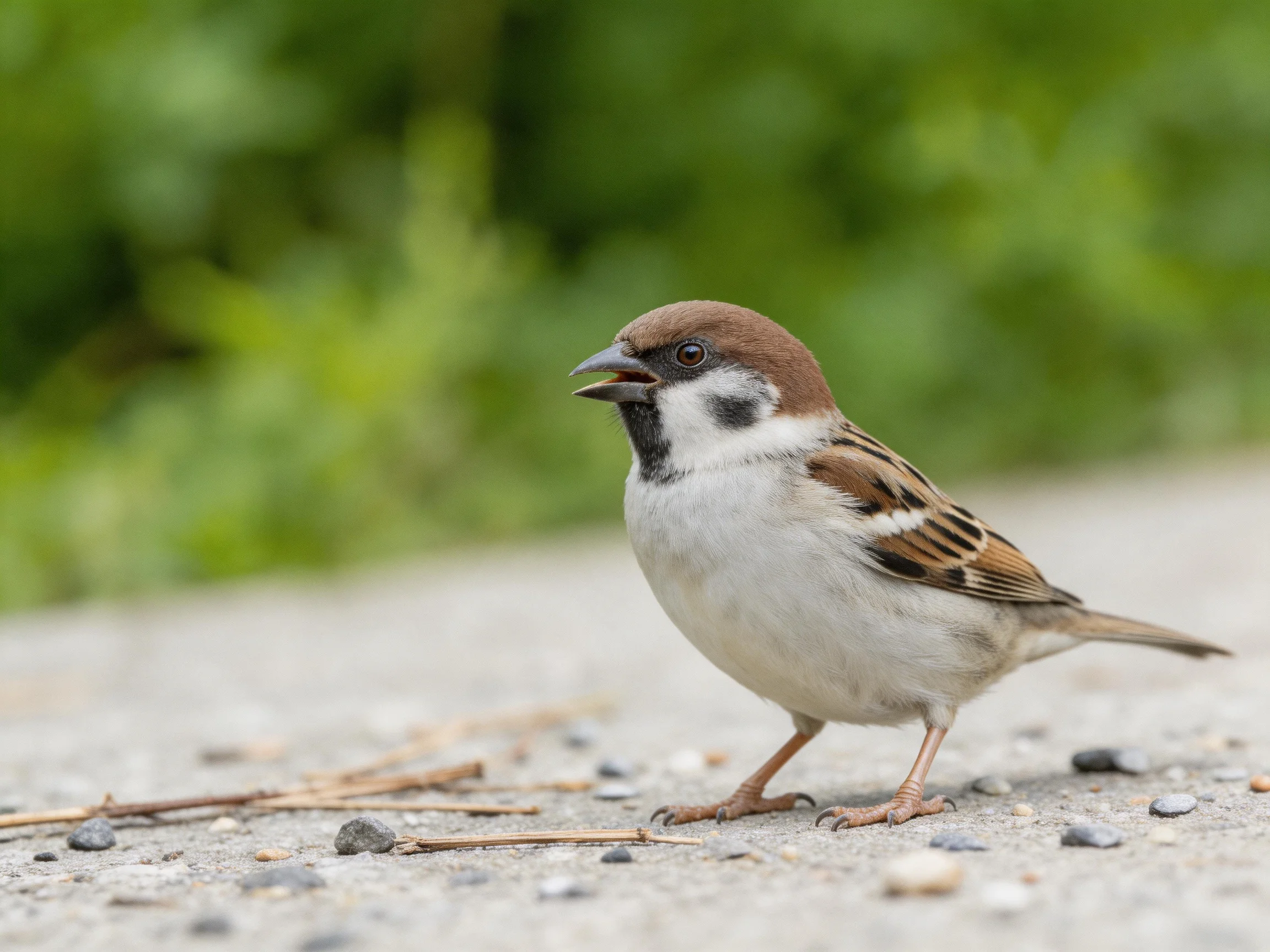 A small sparrow with brown, white, and black plumage on a concrete surface