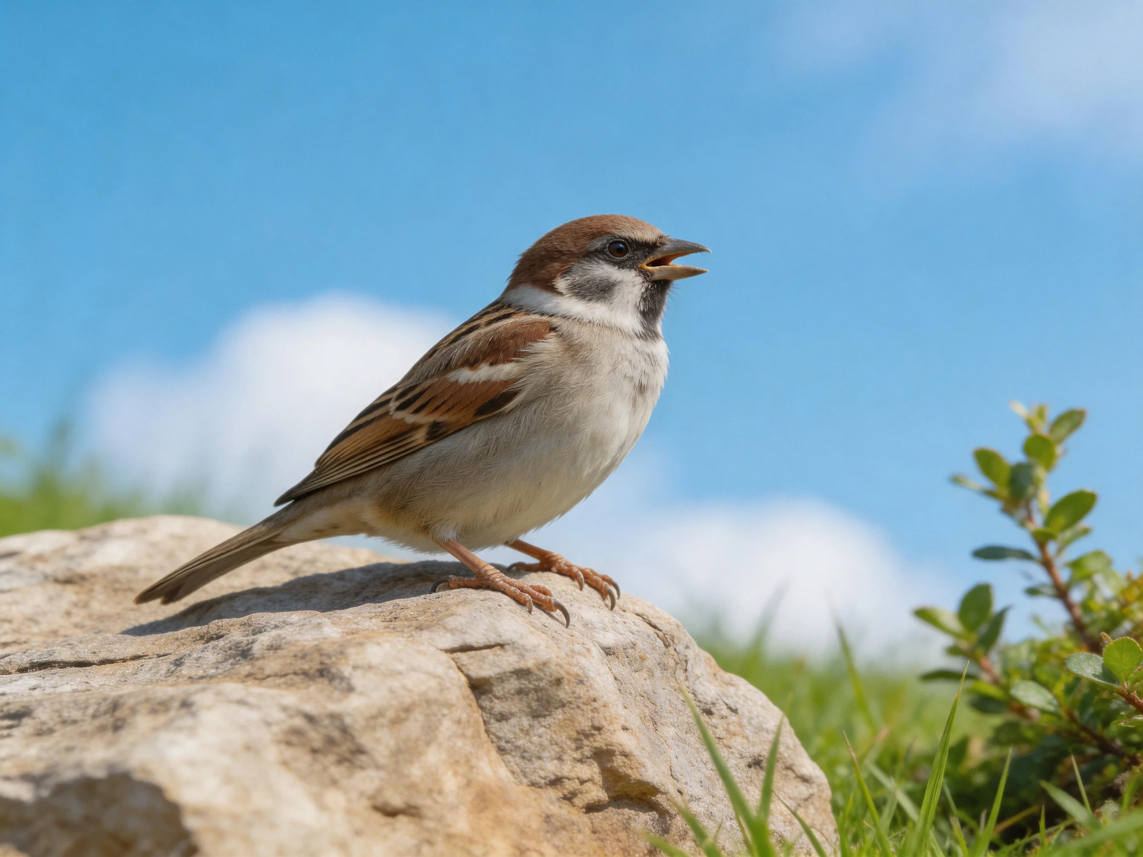 A small sparrow with brownand white plumage perched on a rock