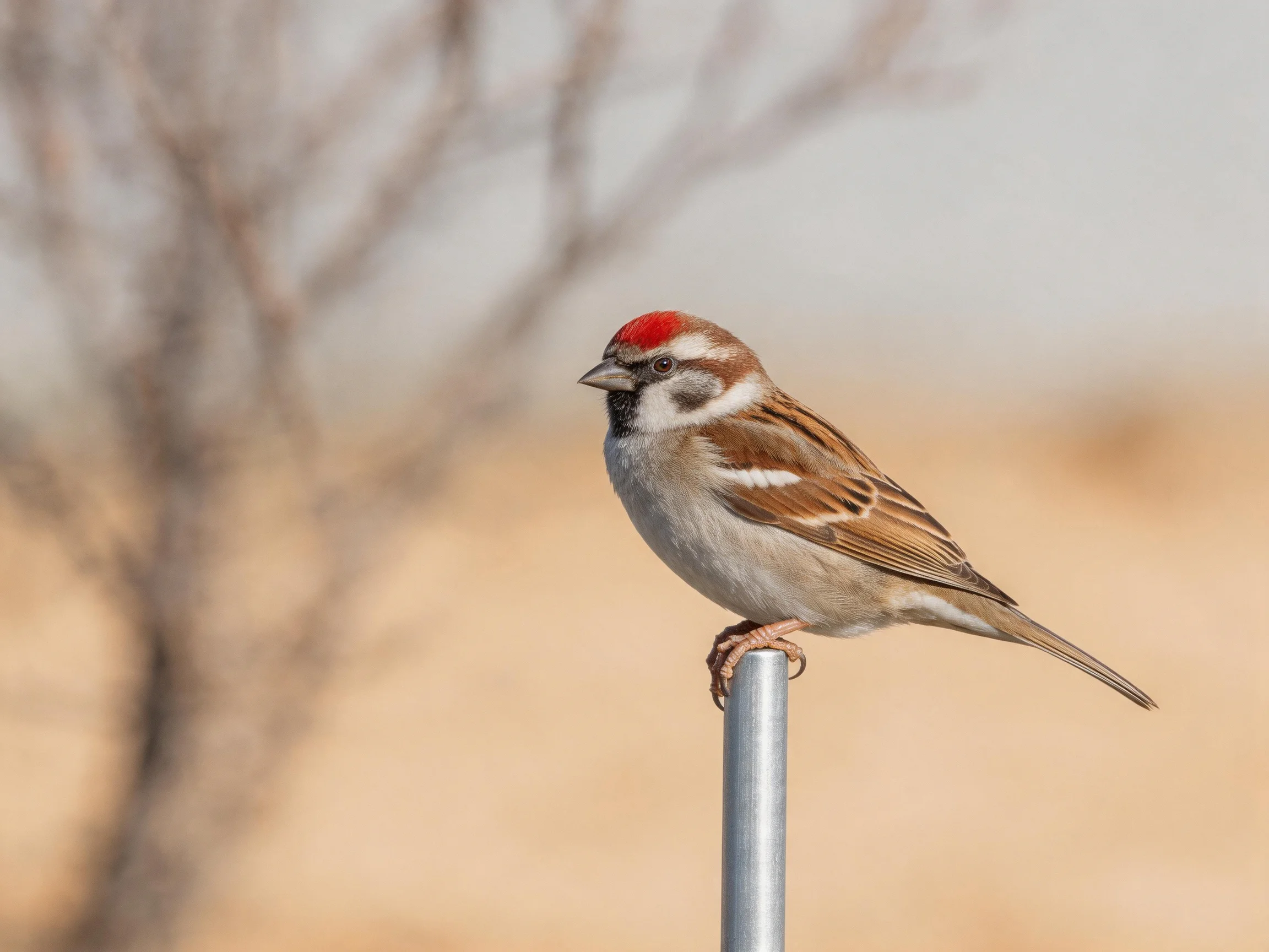A small sparrow with red crown perched on a metal pole