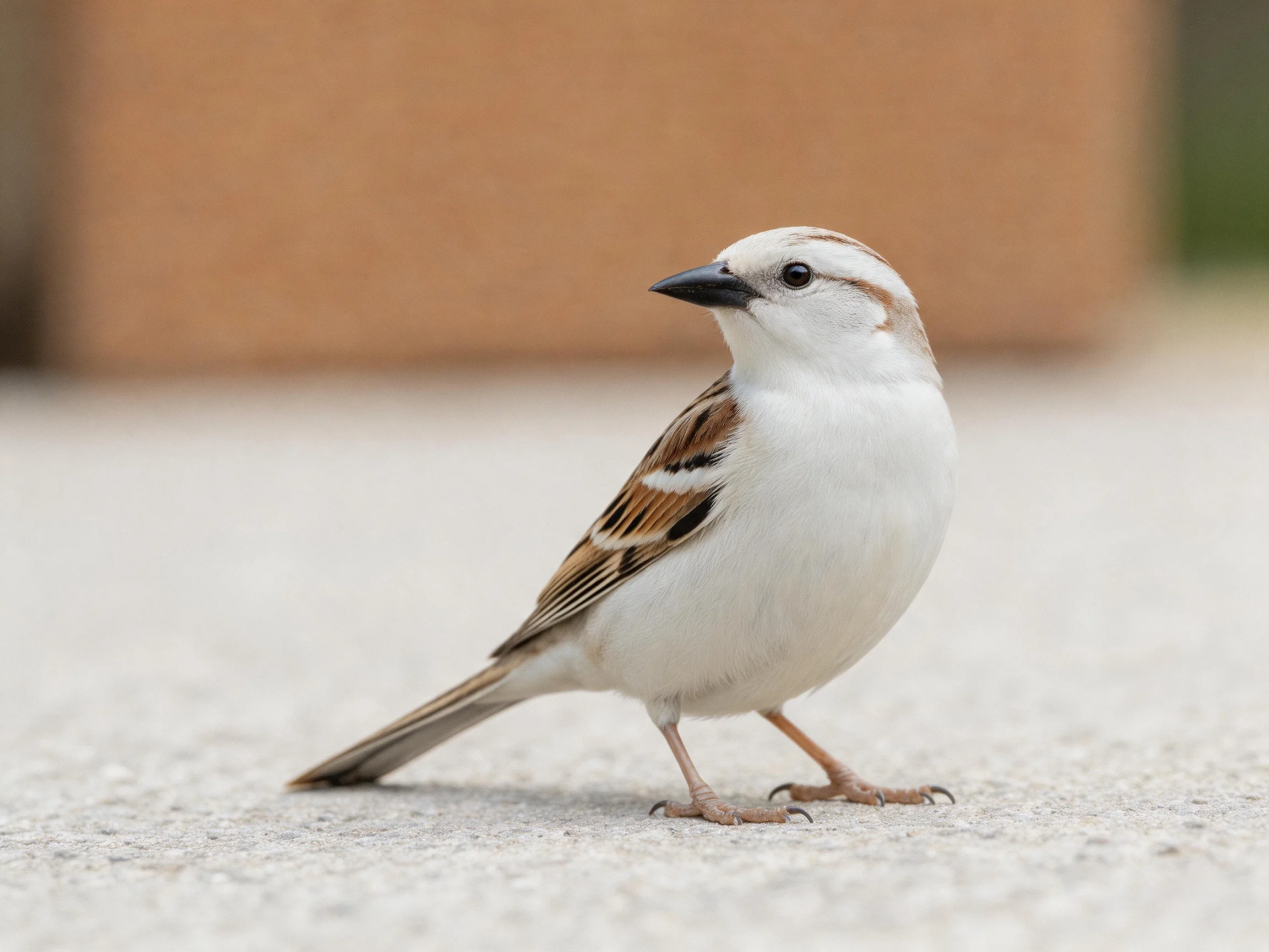 A small sparrow with white and brown plumage standing on pavement