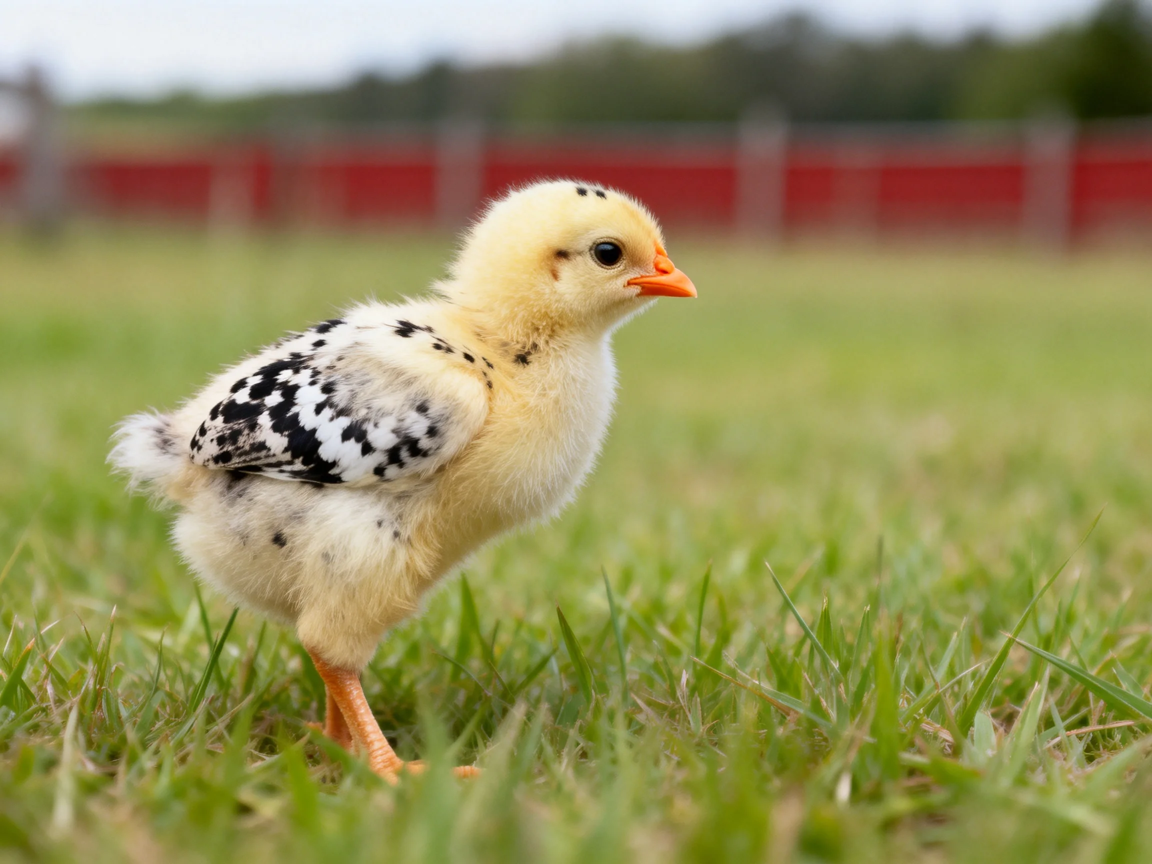 A small spotted chick with yellow feathers on green grass near a red fence