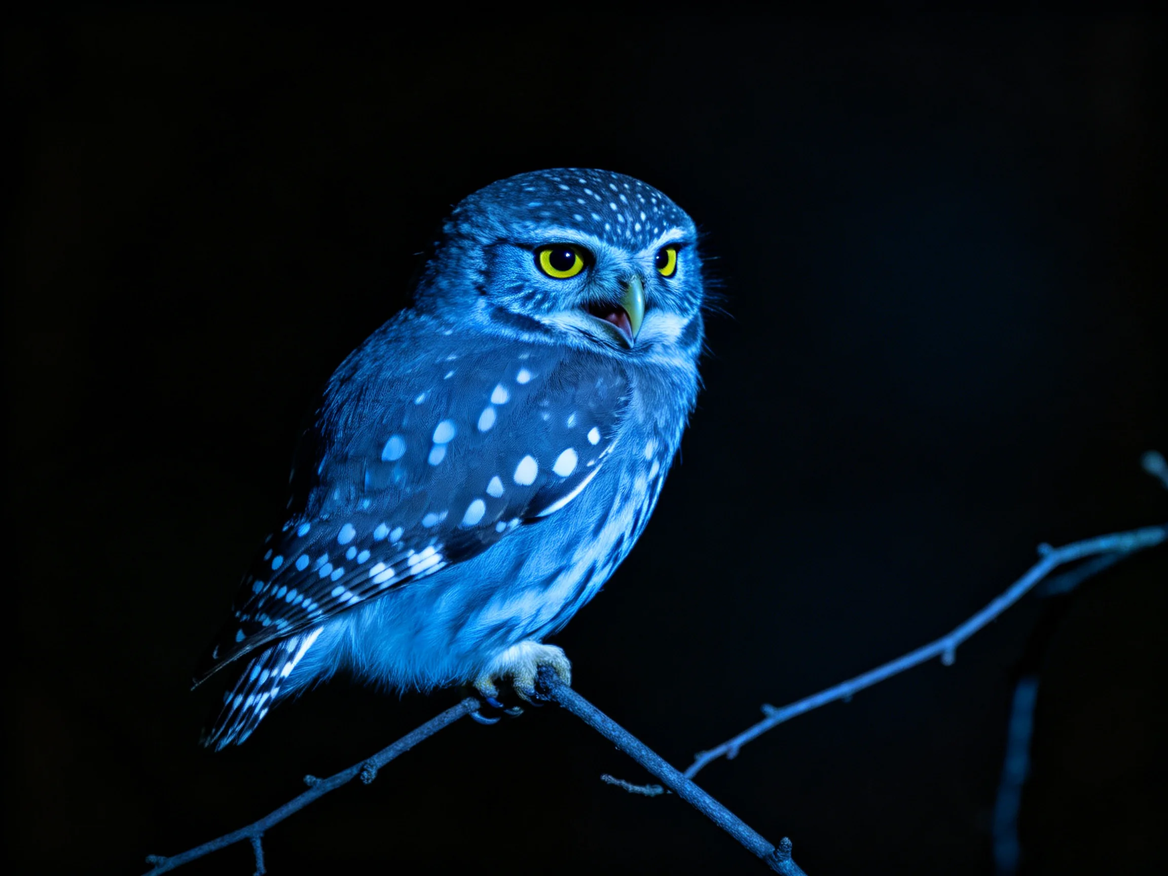 A small spotted owl perched on a dark branch with bright yellow eyes