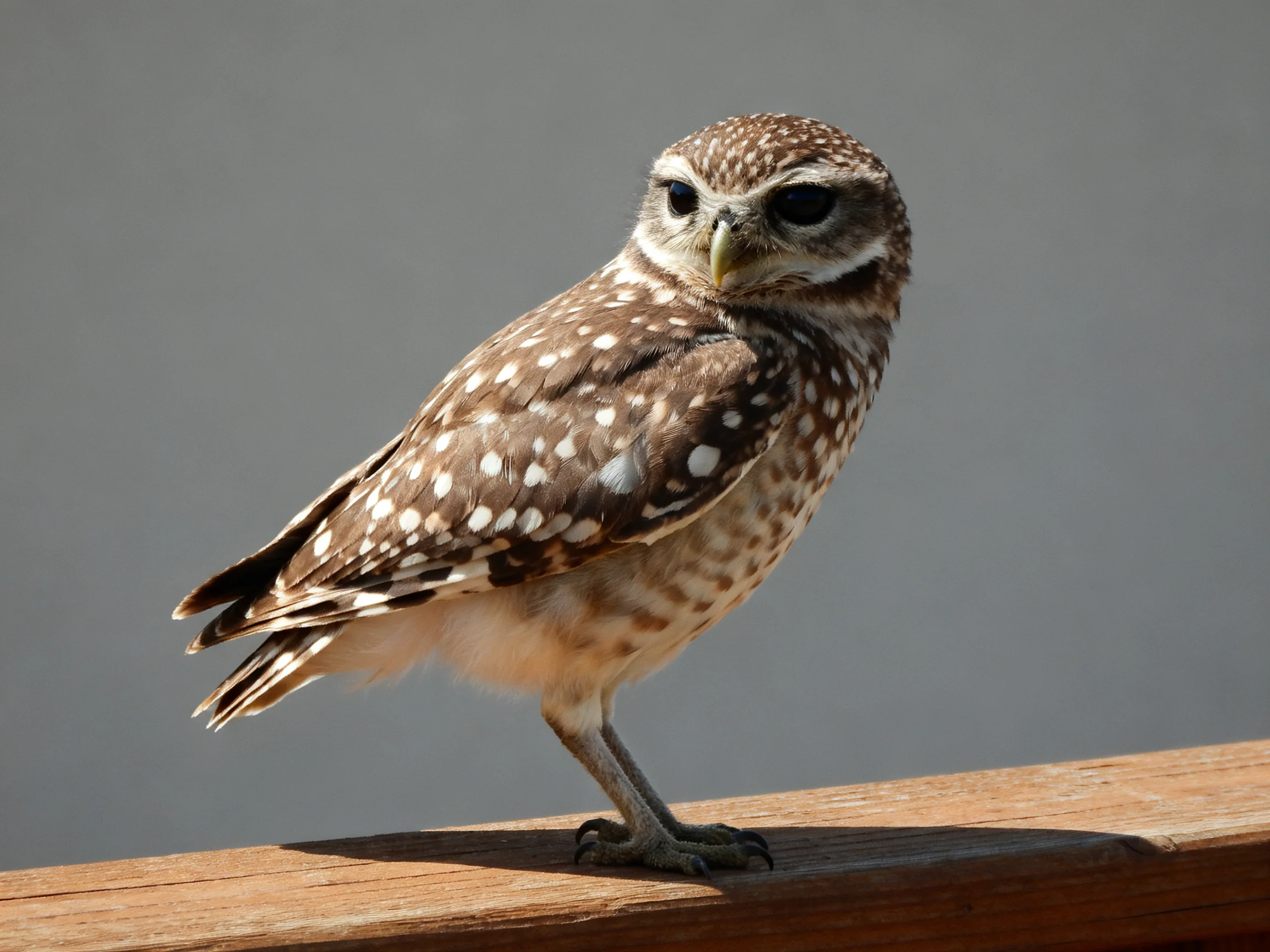 A small spotted owl perched on a wooden beam