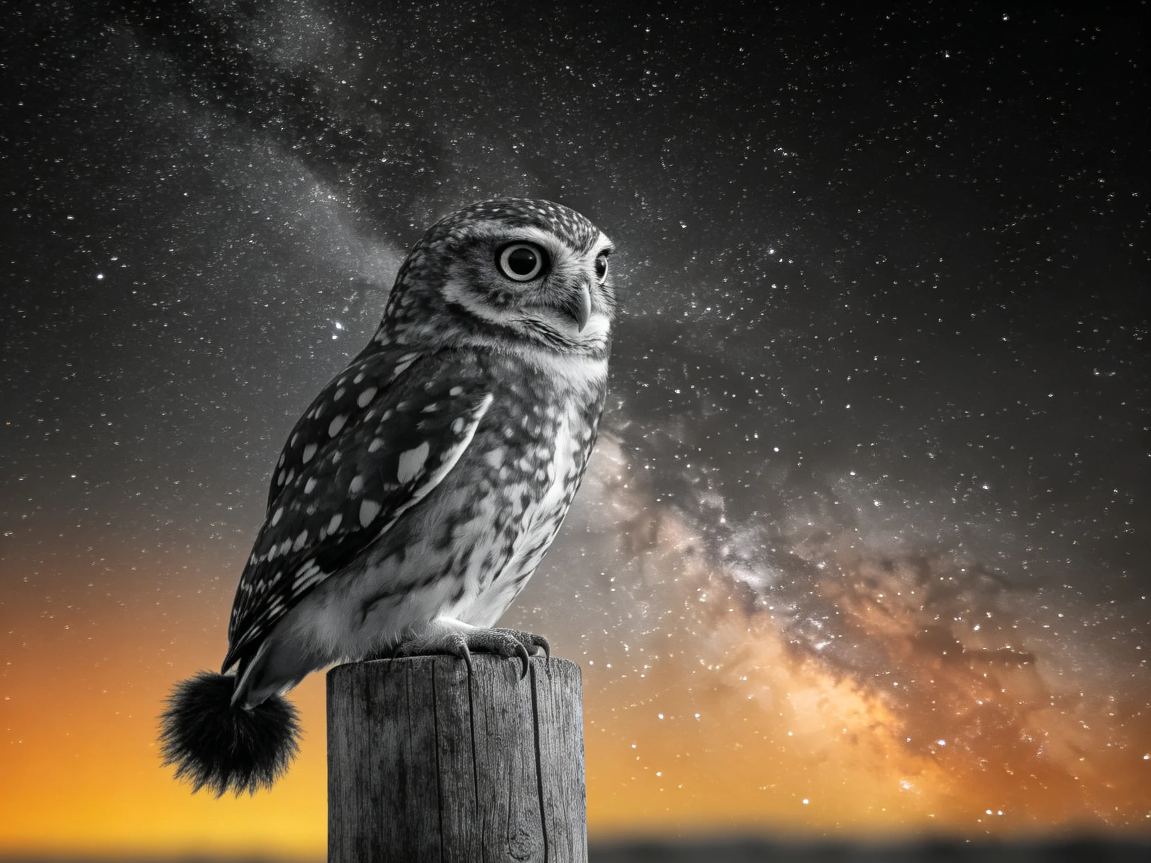 A small spotted owl perched on a wooden post against a starry night sky with the Milky Way