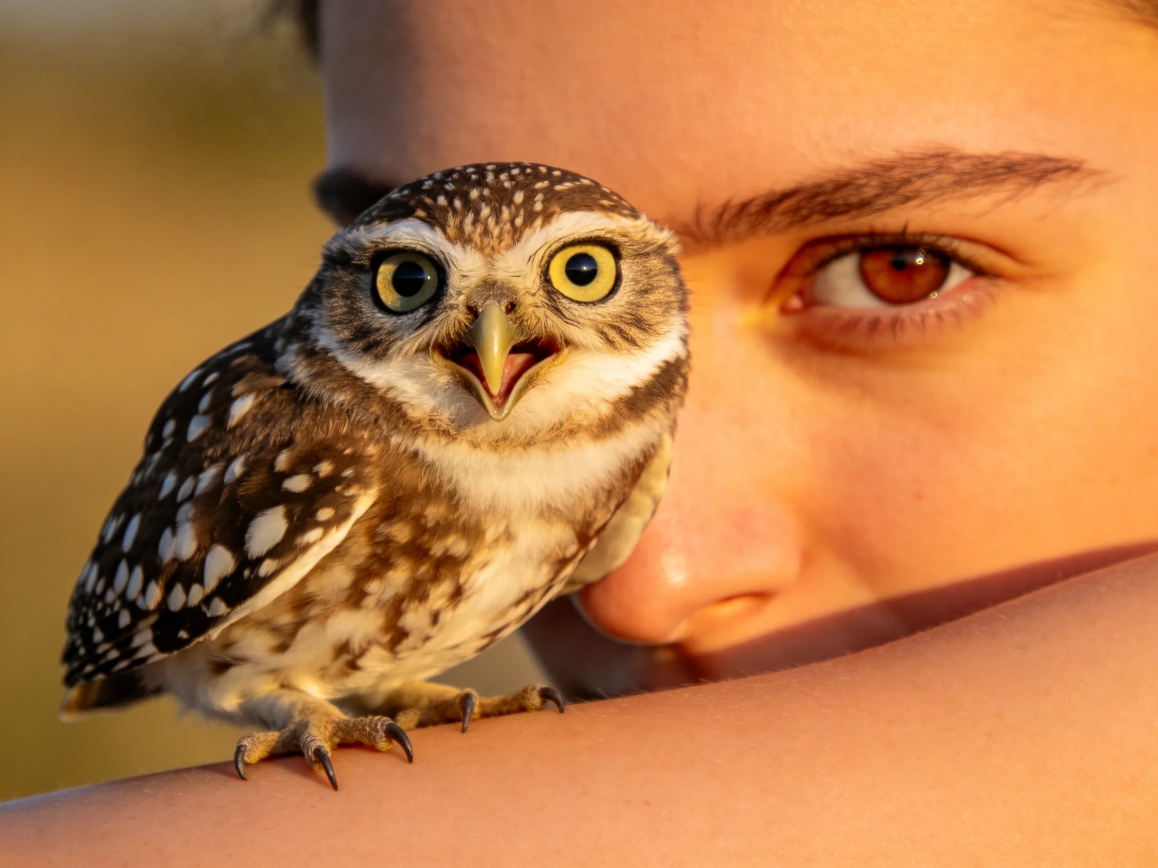 A small spotted owl perched on human arm near face