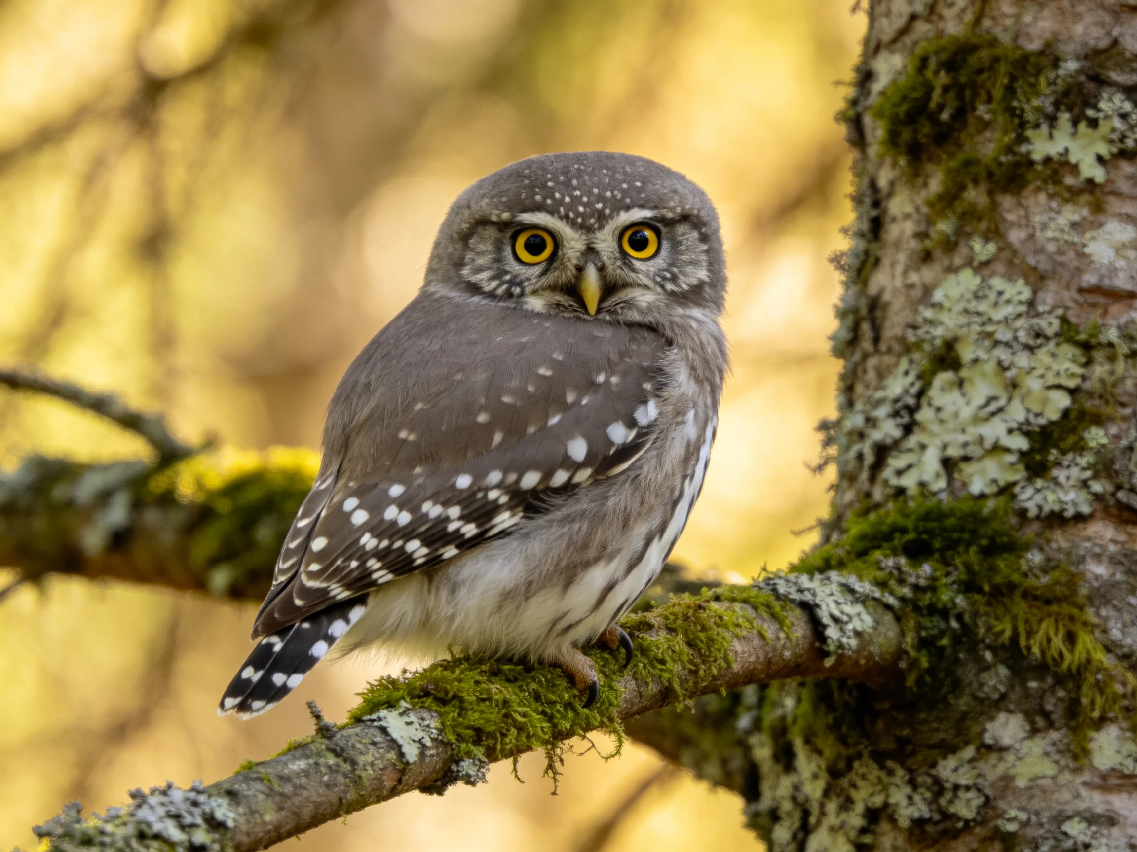 A small spotted owl perches on a moss-covered tree branch