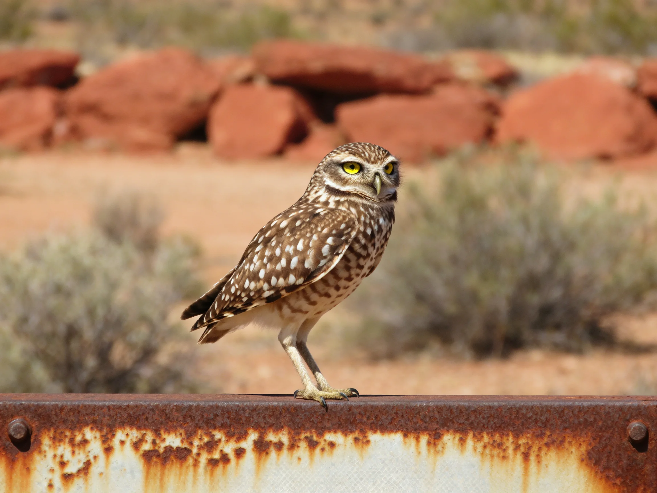 A small spotted owl perches on a rusted metal bar near red rocks