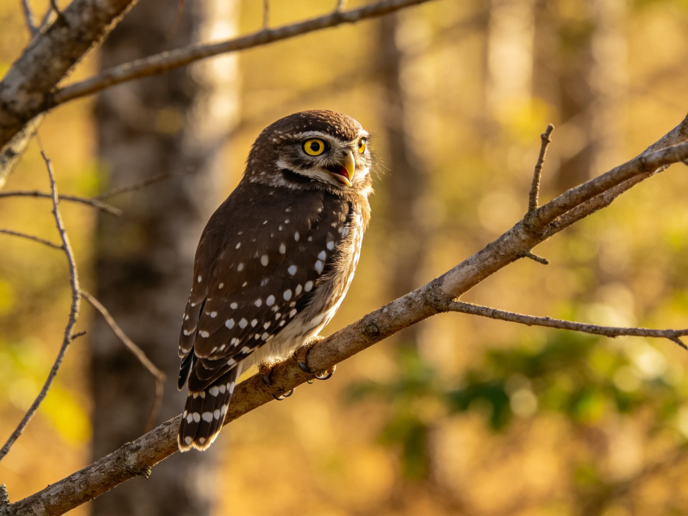 A small spotted owl perches on a tree branch in golden forest light