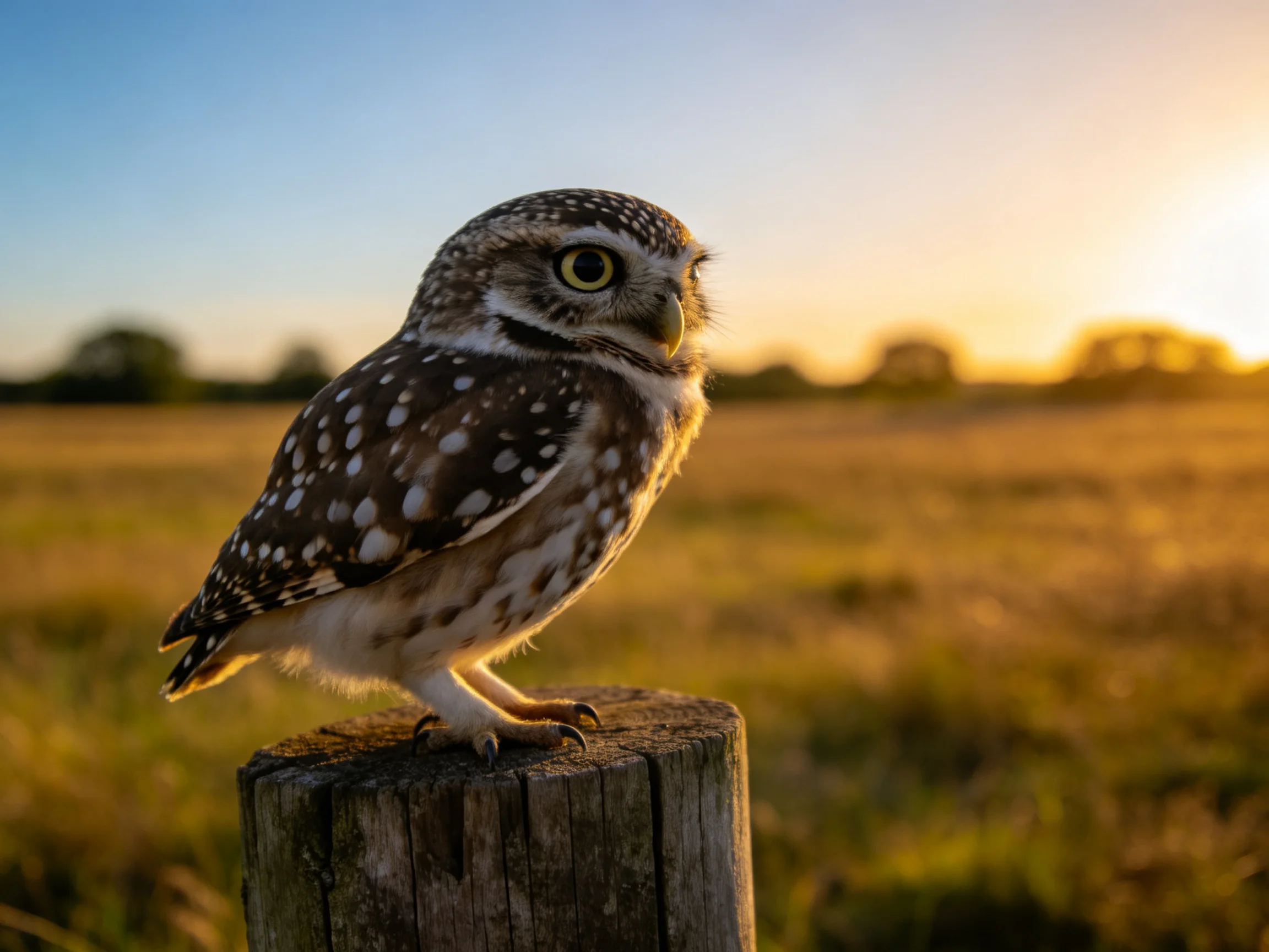 A small spotted owl perches on a weathered wooden post at golden hour