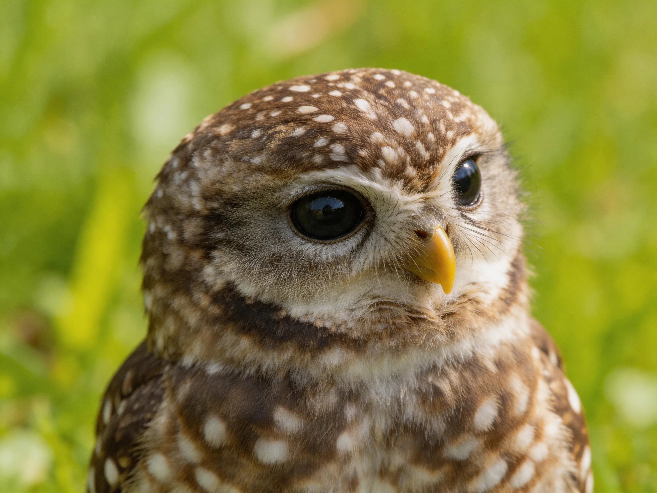 A small spotted owl with large eyes and yellow beak in greenery