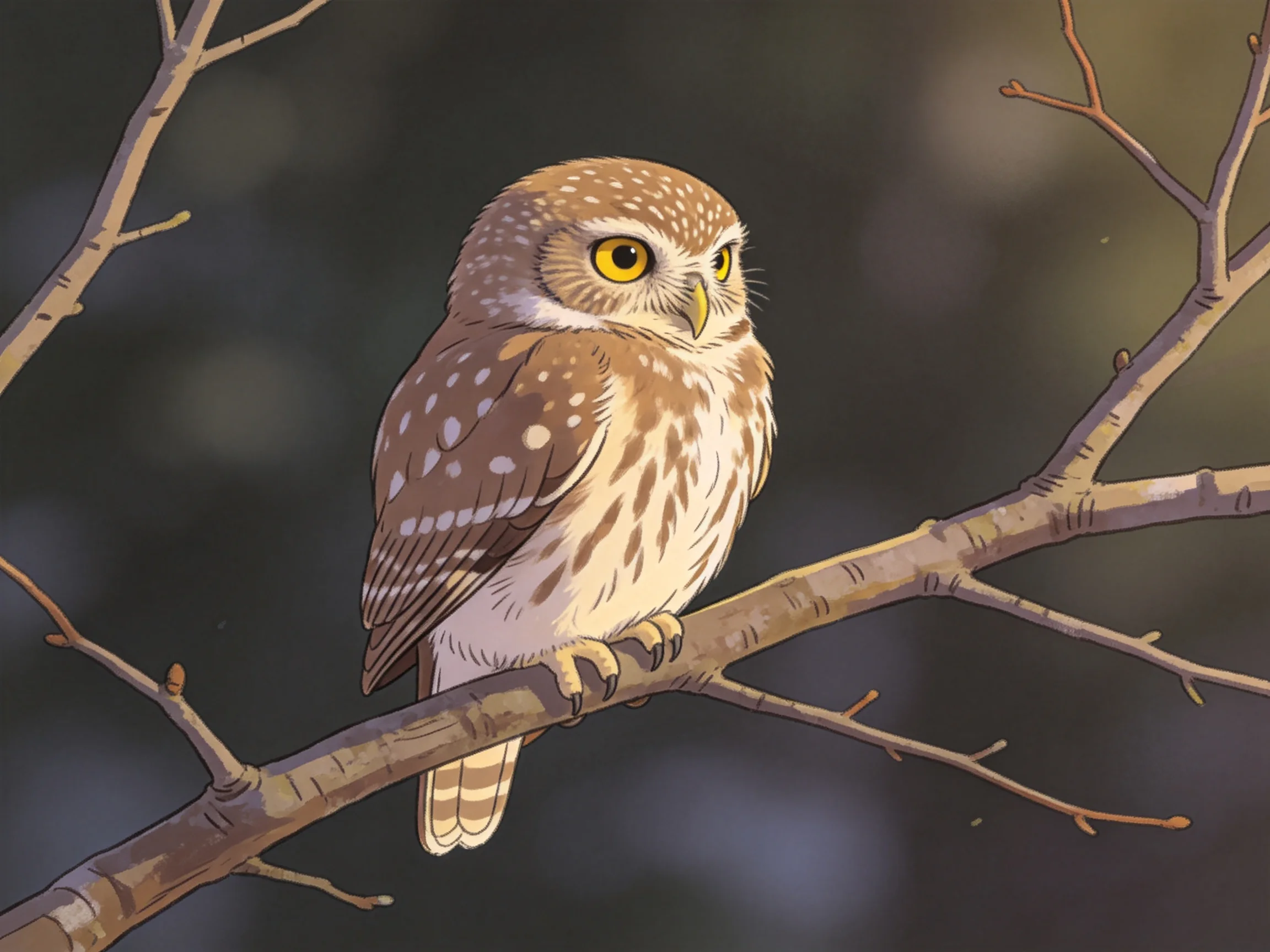 A small spotted owl with yellow eyes perches on a bare tree branch