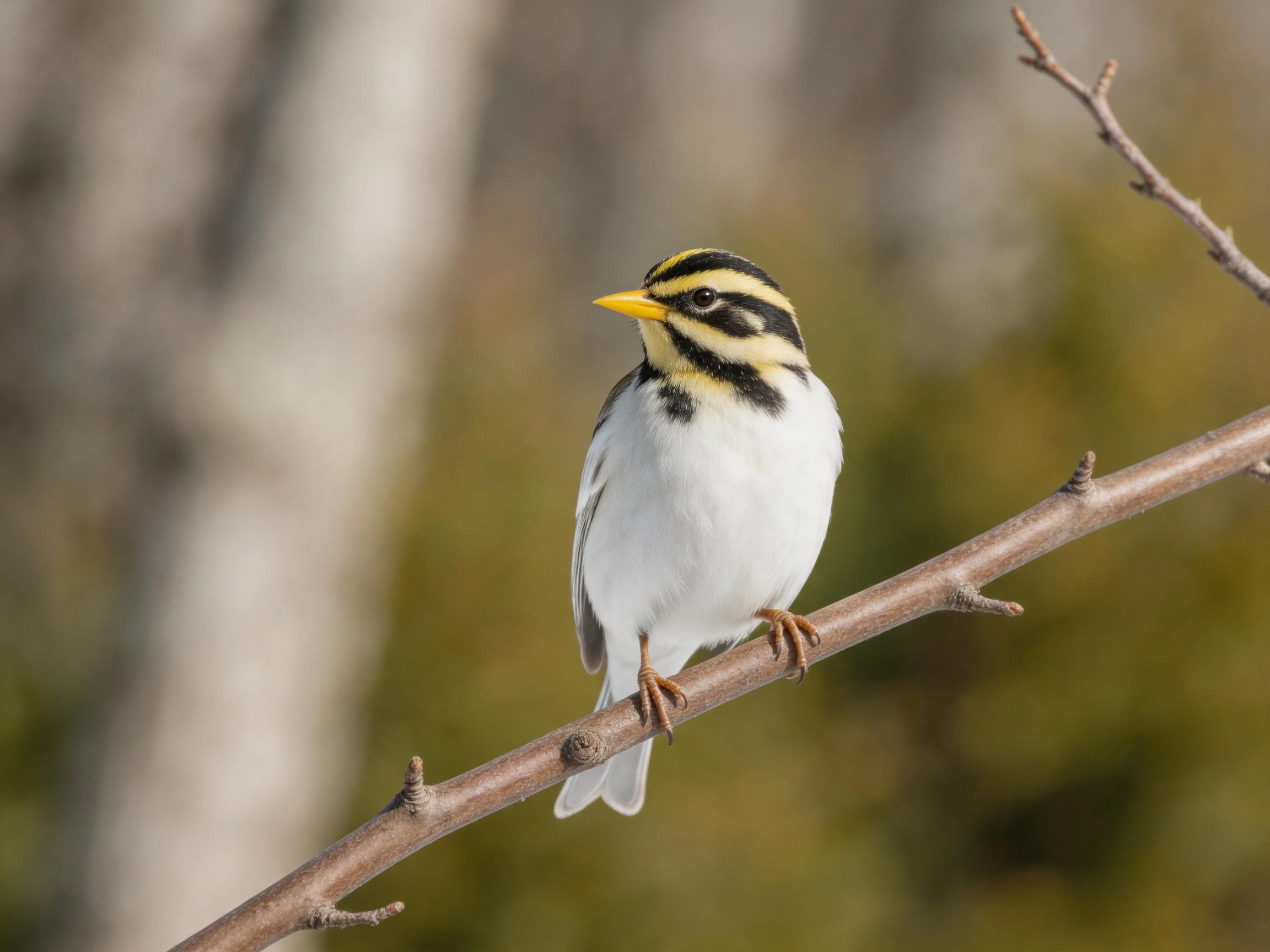 A small striped bird with yellow beak perched on a bare branch