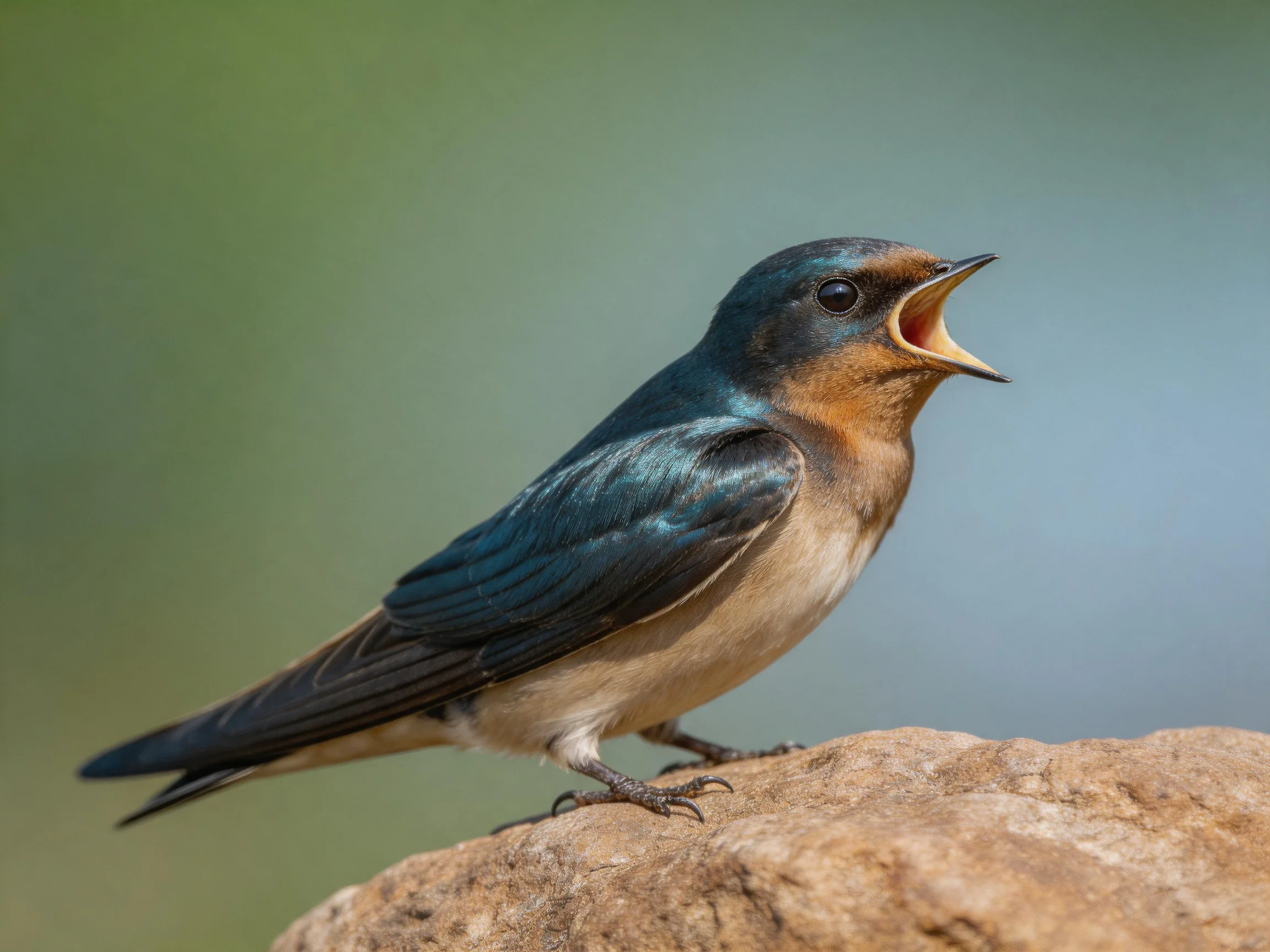 A small swallow with iridescent blue wings perched on a rock