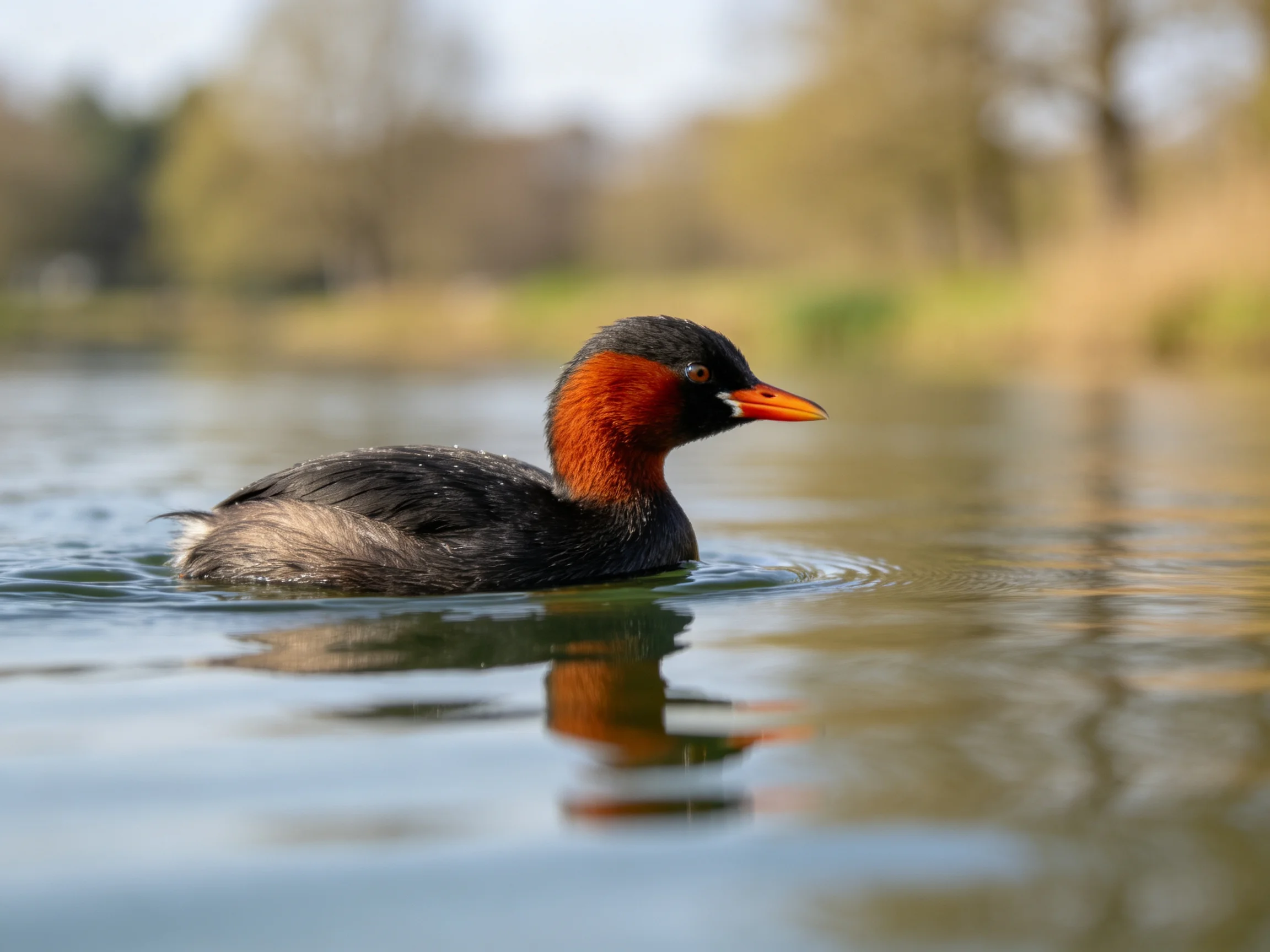 A small waterbird with reddish neck swims in calm lake waters