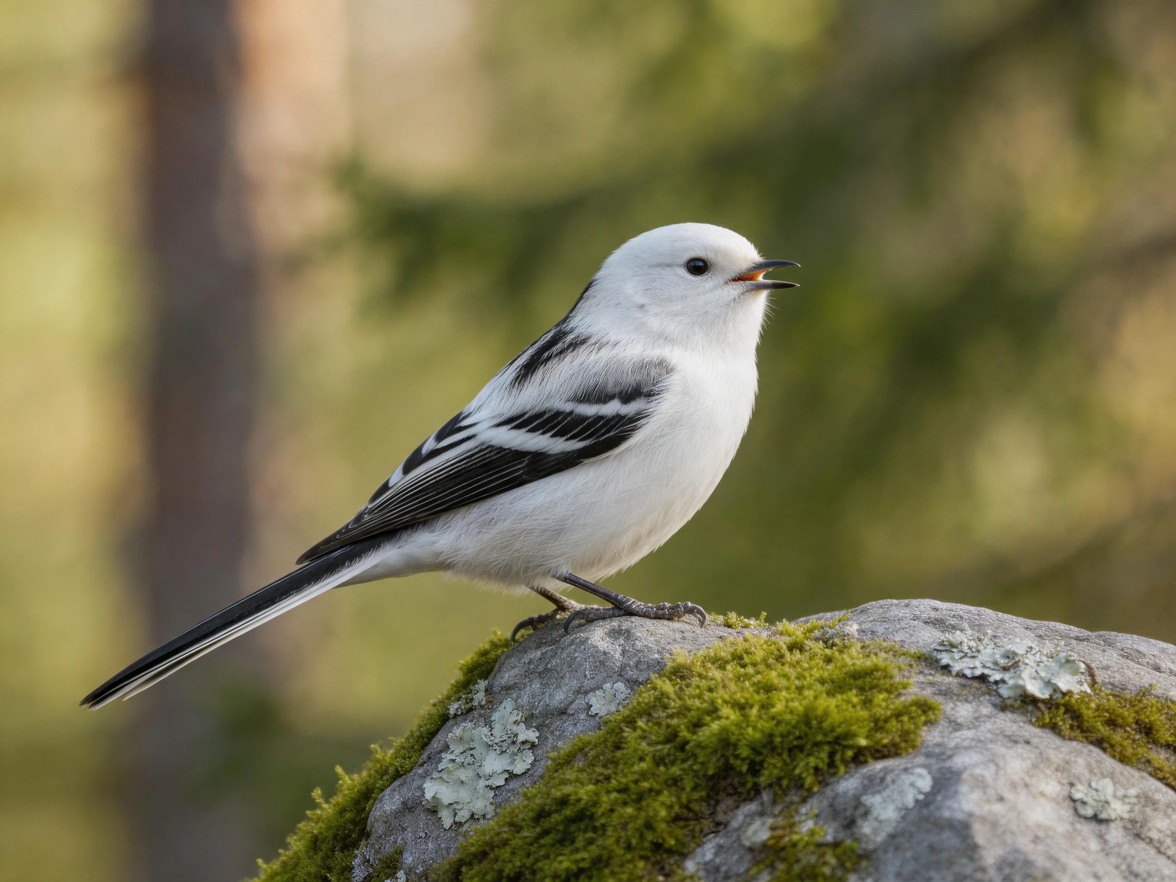 A small white and black bird perched on a moss-covered rock