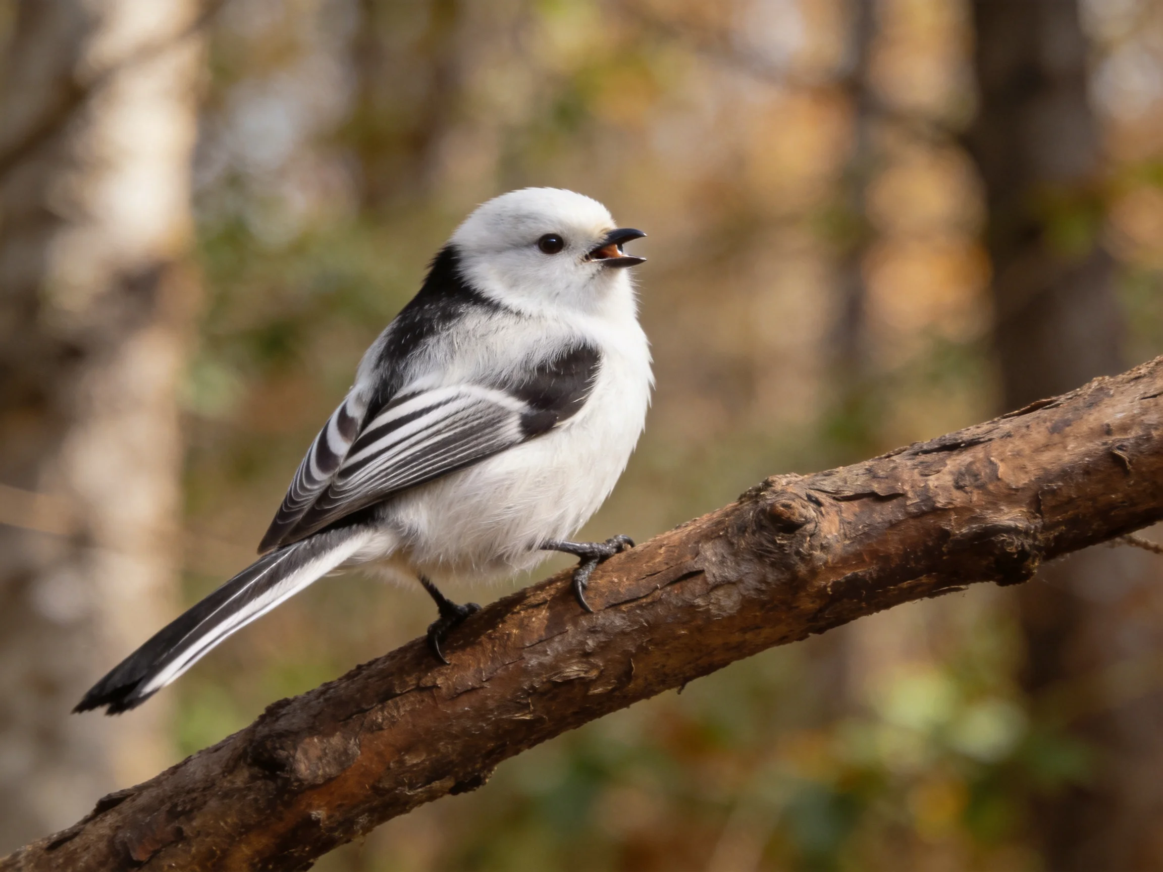 A small white and black bird perches on a brown tree branch