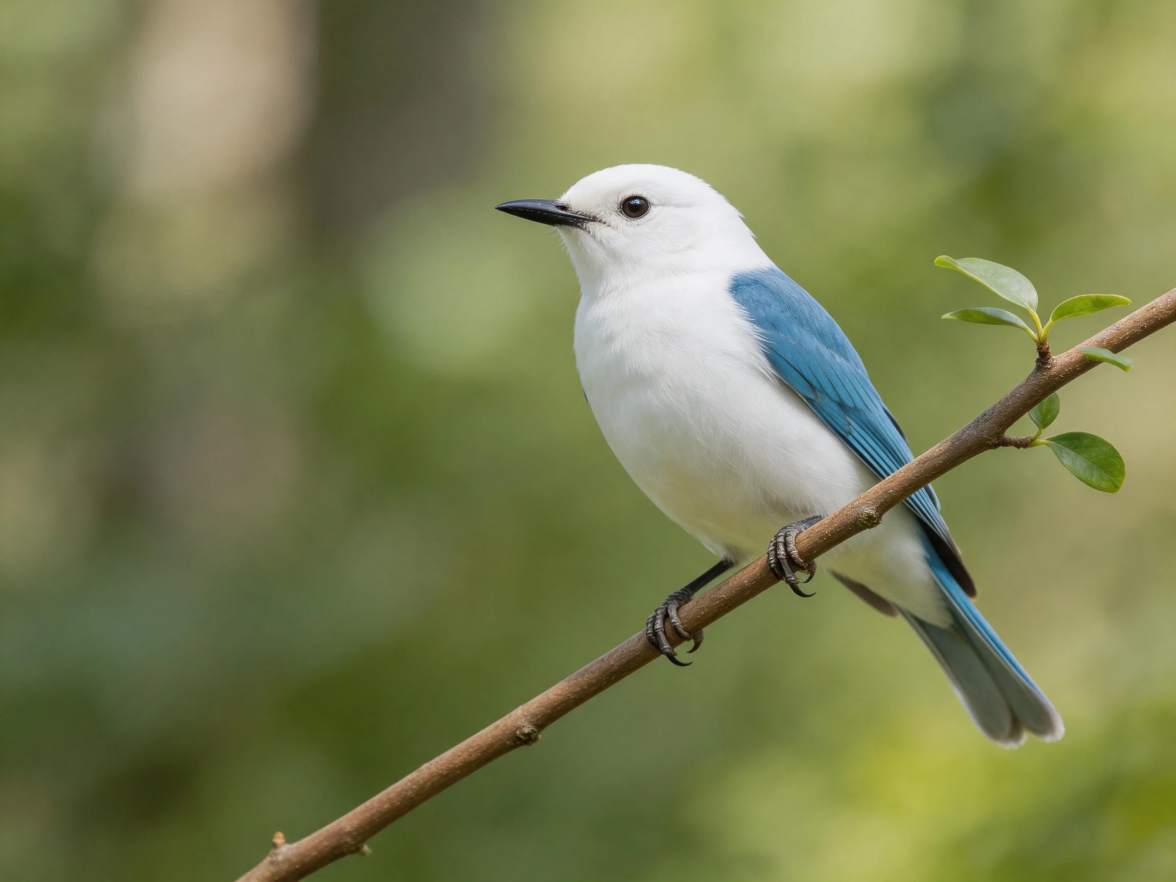 A small white and blue bird perched on a thin tree branch