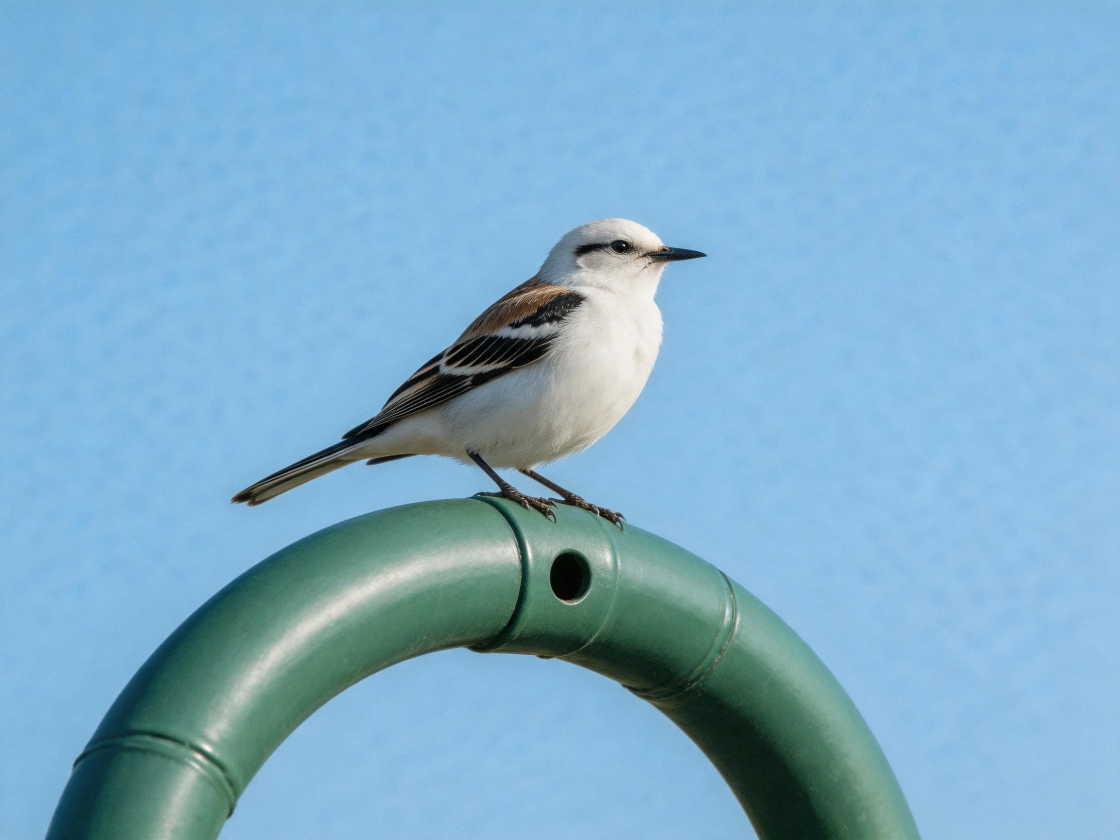 A small white and brown bird perched on a green curved structure