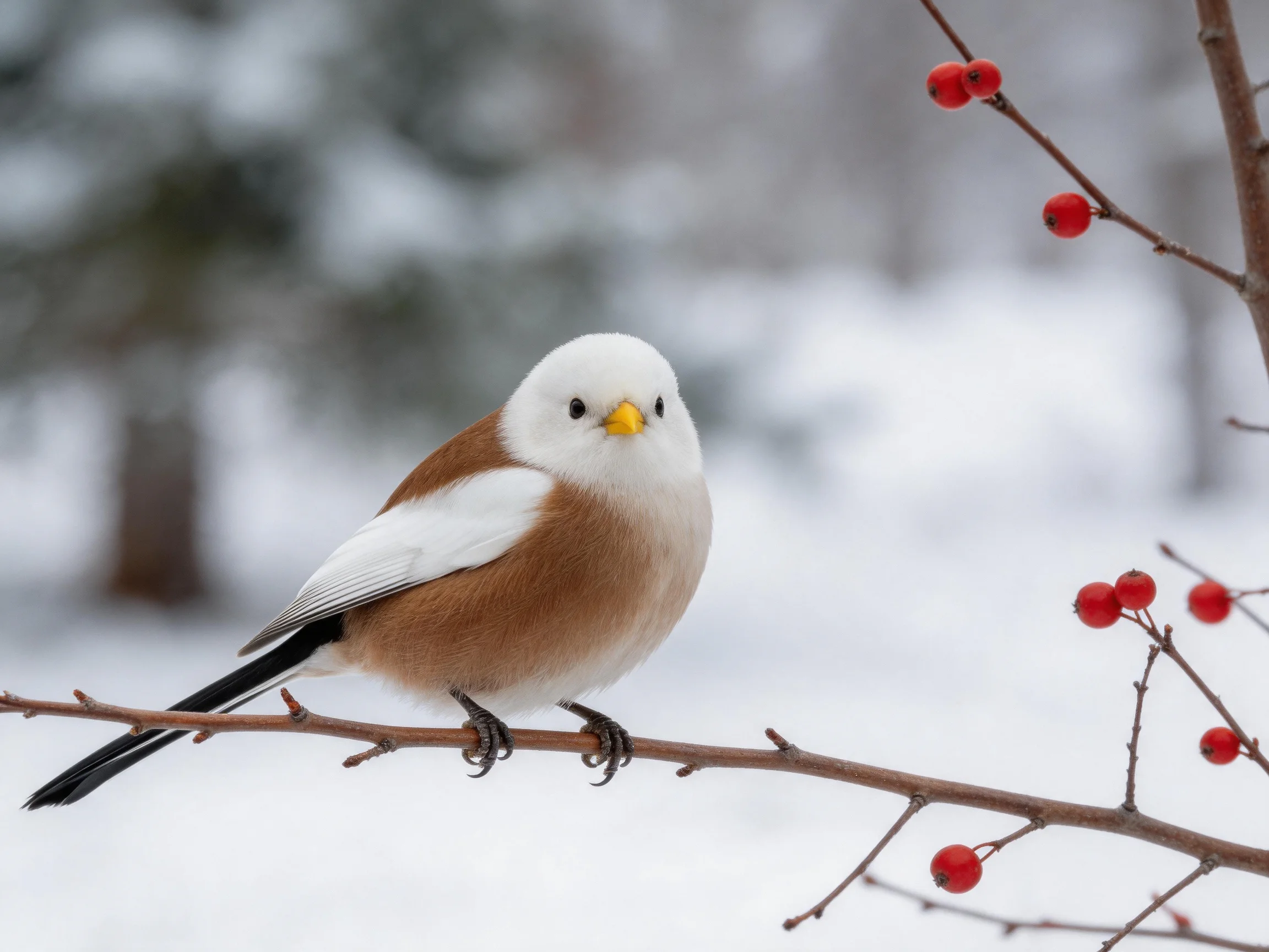 A small white and brown bird perches on a branch with red berries in a snowy setting