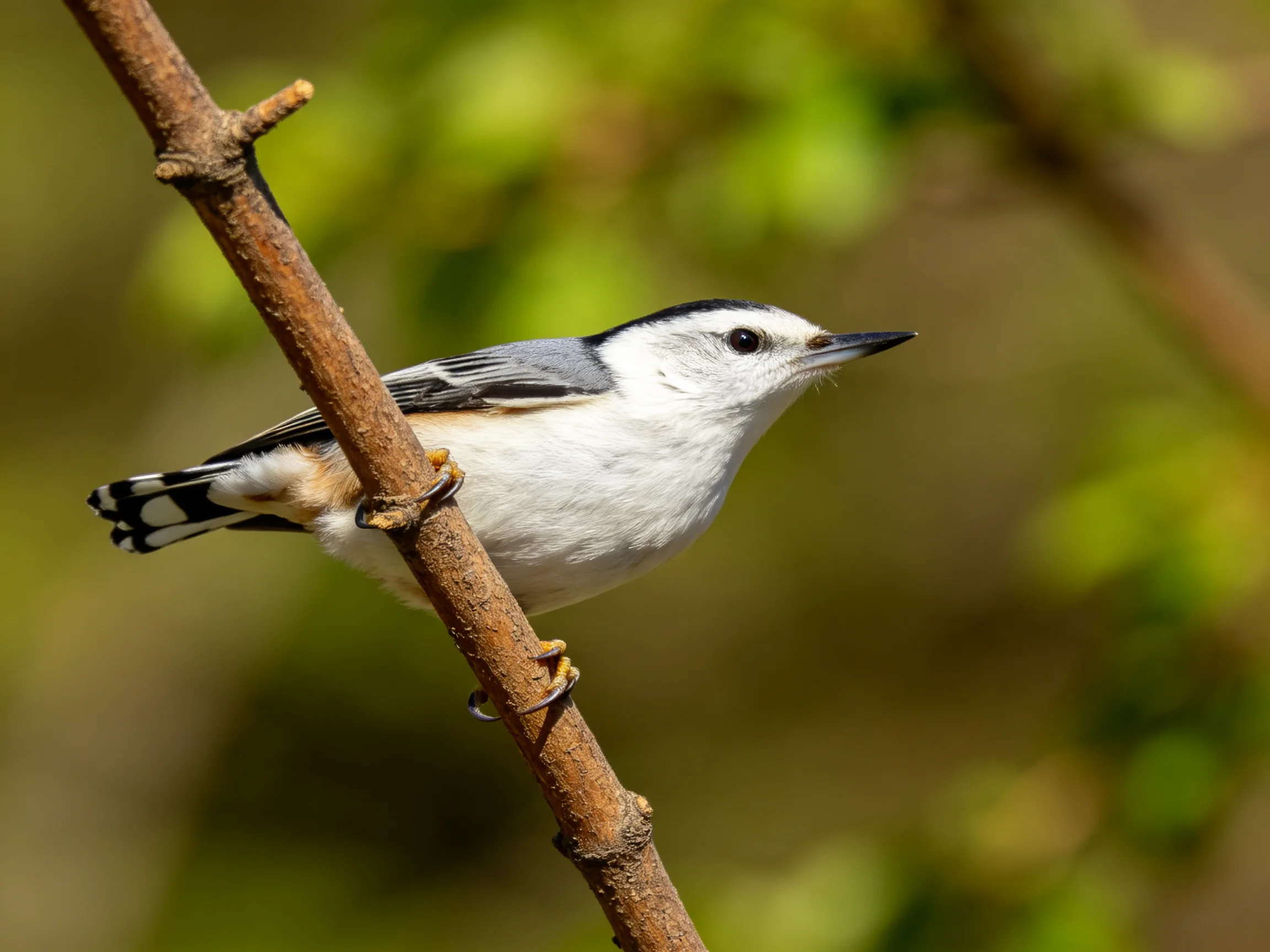 A small white and gray bird perched on a brown tree branch