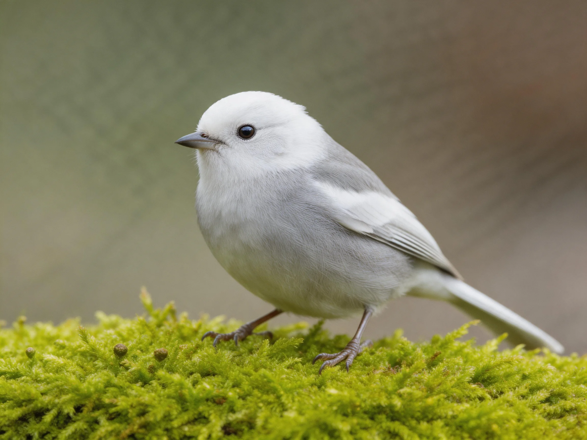 A small white and gray bird perched on lush green moss