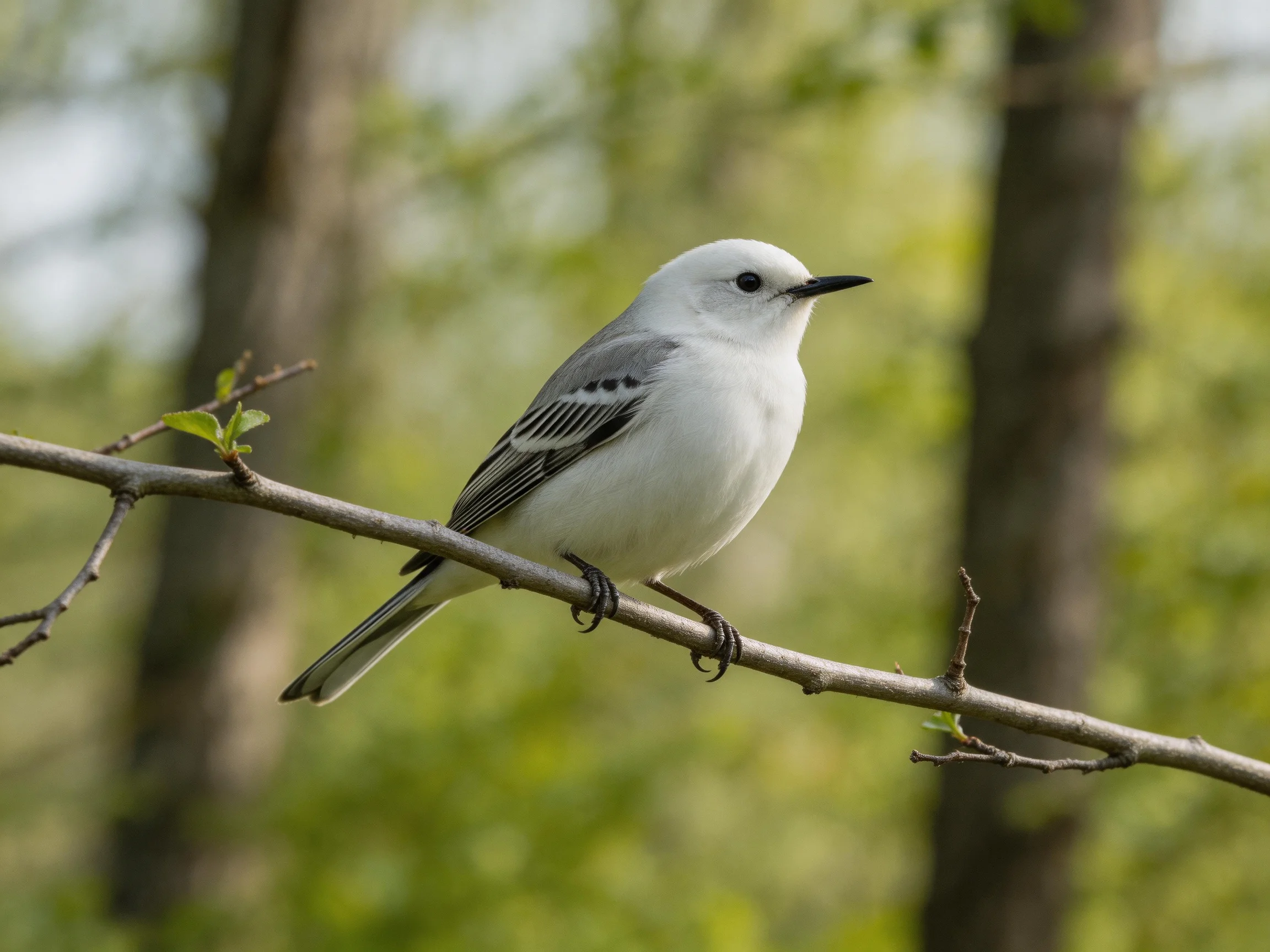 A small white bird perches on a branch in a wooded area