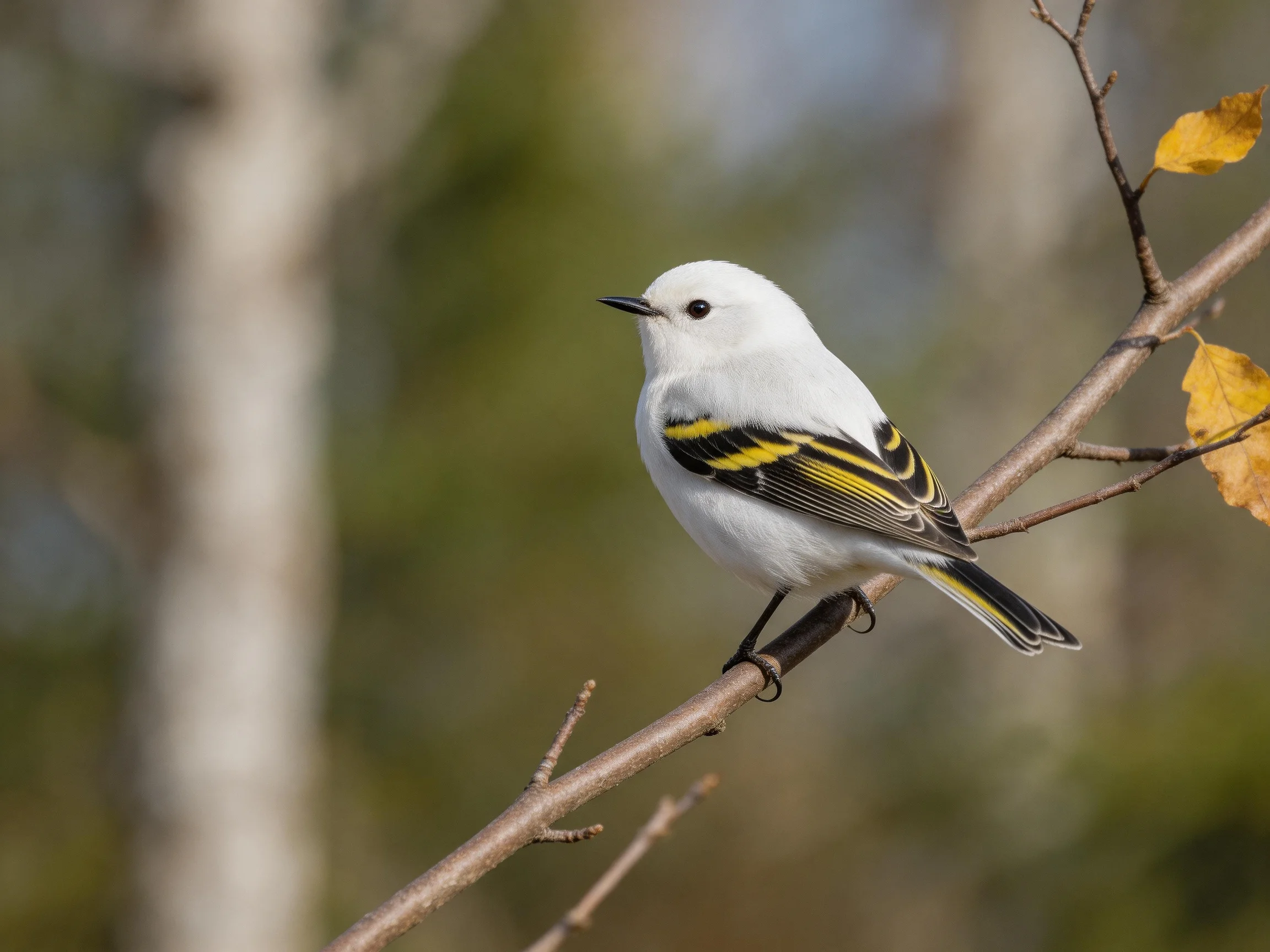 A small white bird with black and yellow wing stripes sits on a branch